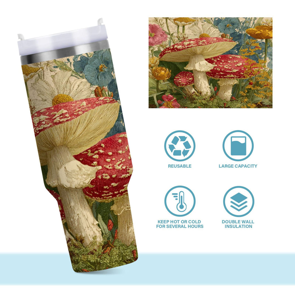 30 oz Insulated Stainless Steel Tumbler Double Wall Stainless Steel Tumbler with 2-Way Drinking Red Mushrooms with Flowers - Pick 247