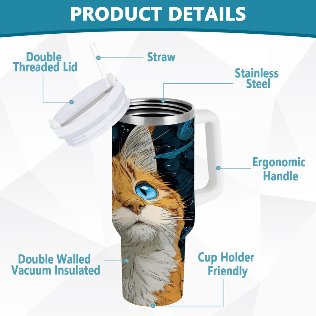 30 oz Insulated Stainless Steel Tumbler Double Wall Stainless Steel Tumbler with 2-Way Drinking Orange Cat with Blue Eyes - Pick 547