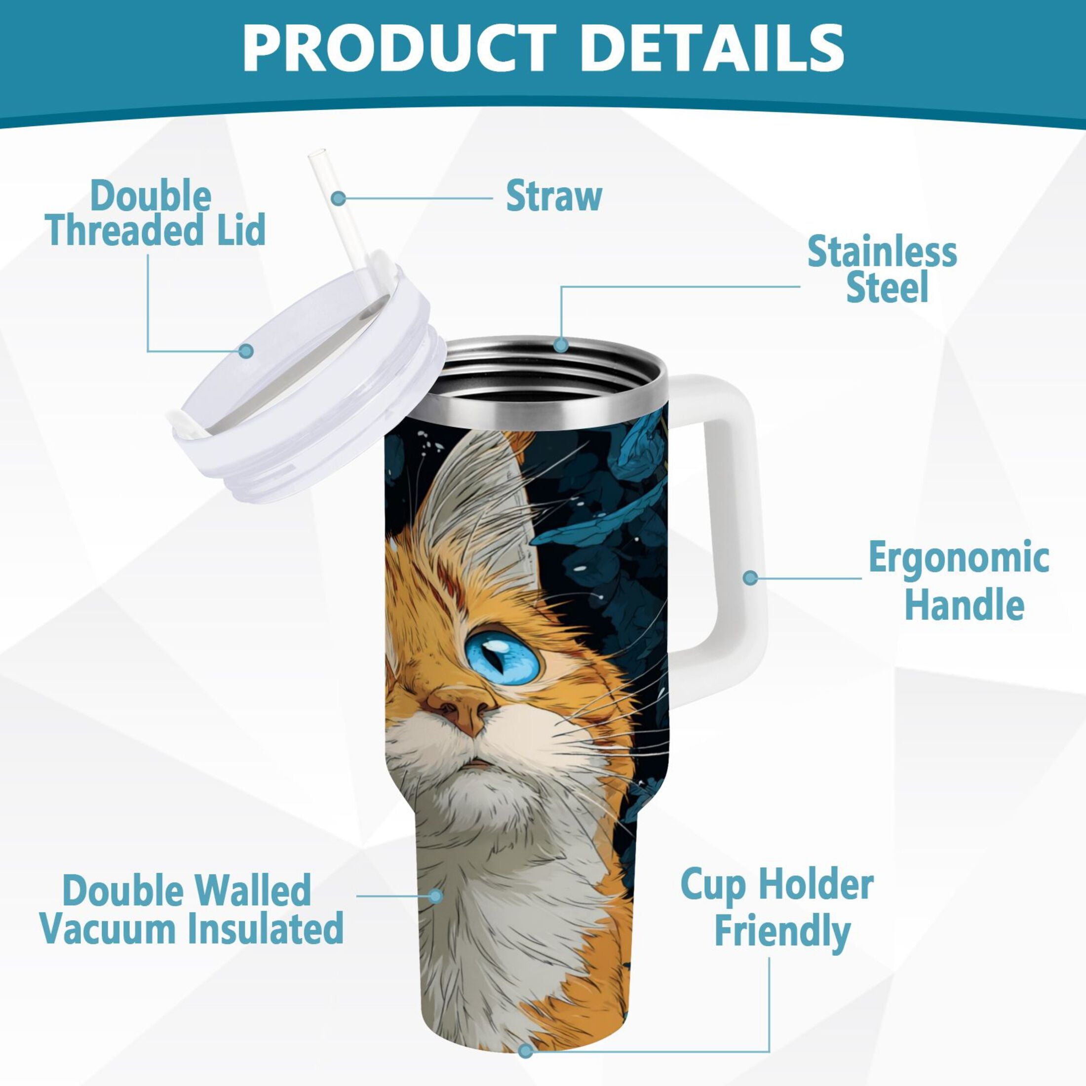 30 oz Insulated Stainless Steel Tumbler Double Wall Stainless Steel Tumbler with 2-Way Drinking Orange Cat with Blue Eyes - Pick 547
