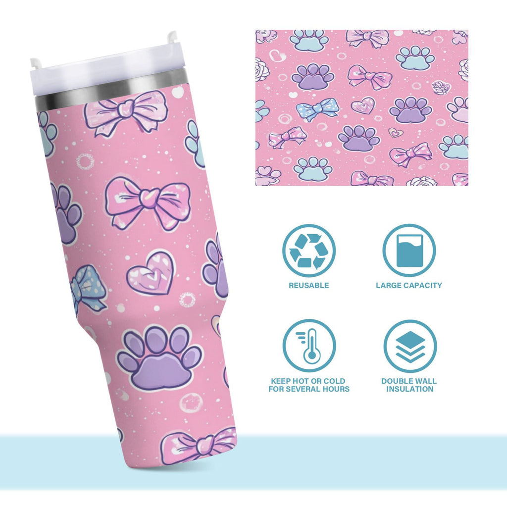 30 oz Insulated Stainless Steel Tumbler Double Wall Stainless Steel Tumbler with 2-Way Drinking Dog Paw Prints and Bows - Pick 667