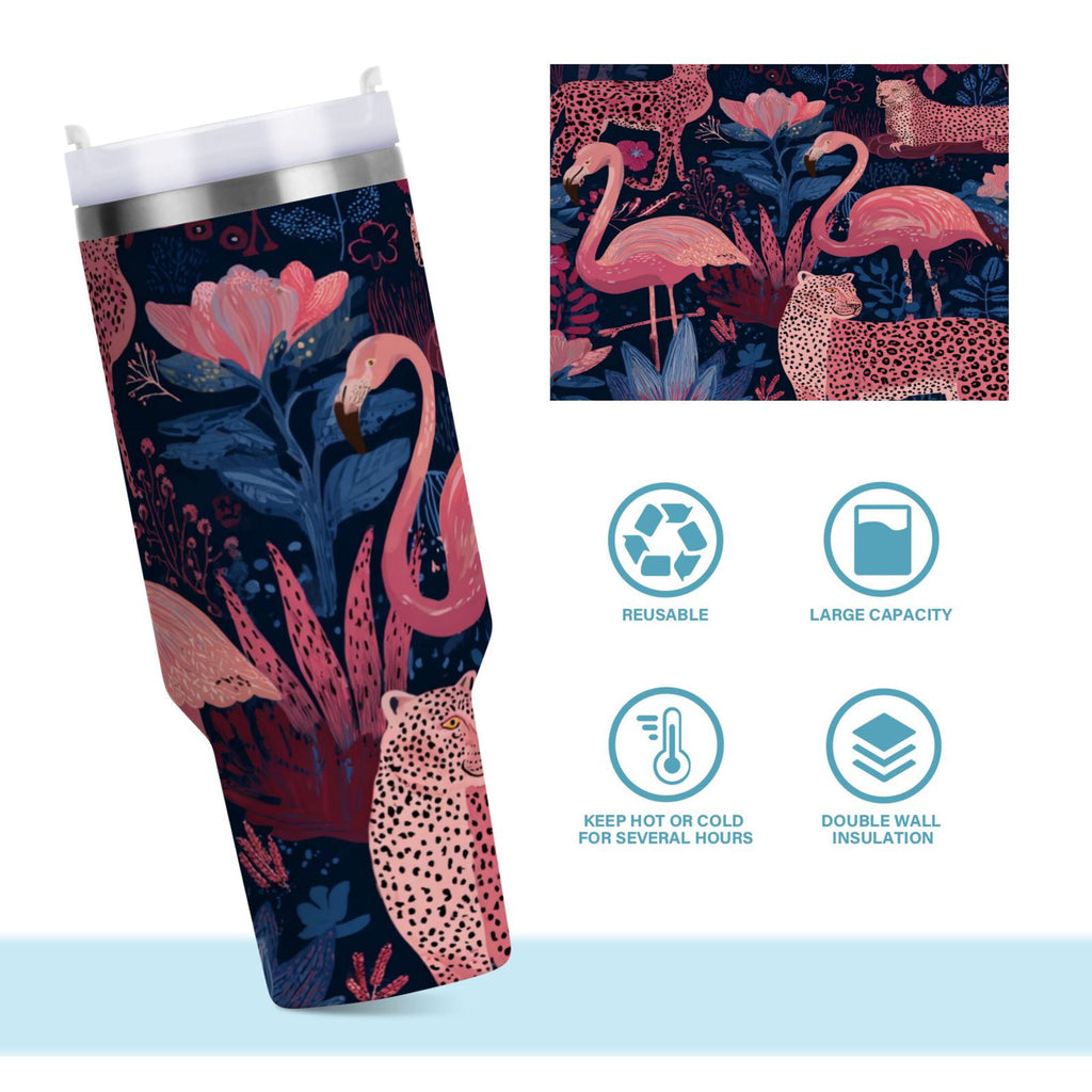30 oz Insulated Stainless Steel Tumbler Double Wall Stainless Steel Tumbler with 2-Way Drinking Flamingos and Leopard Print - Pick 493