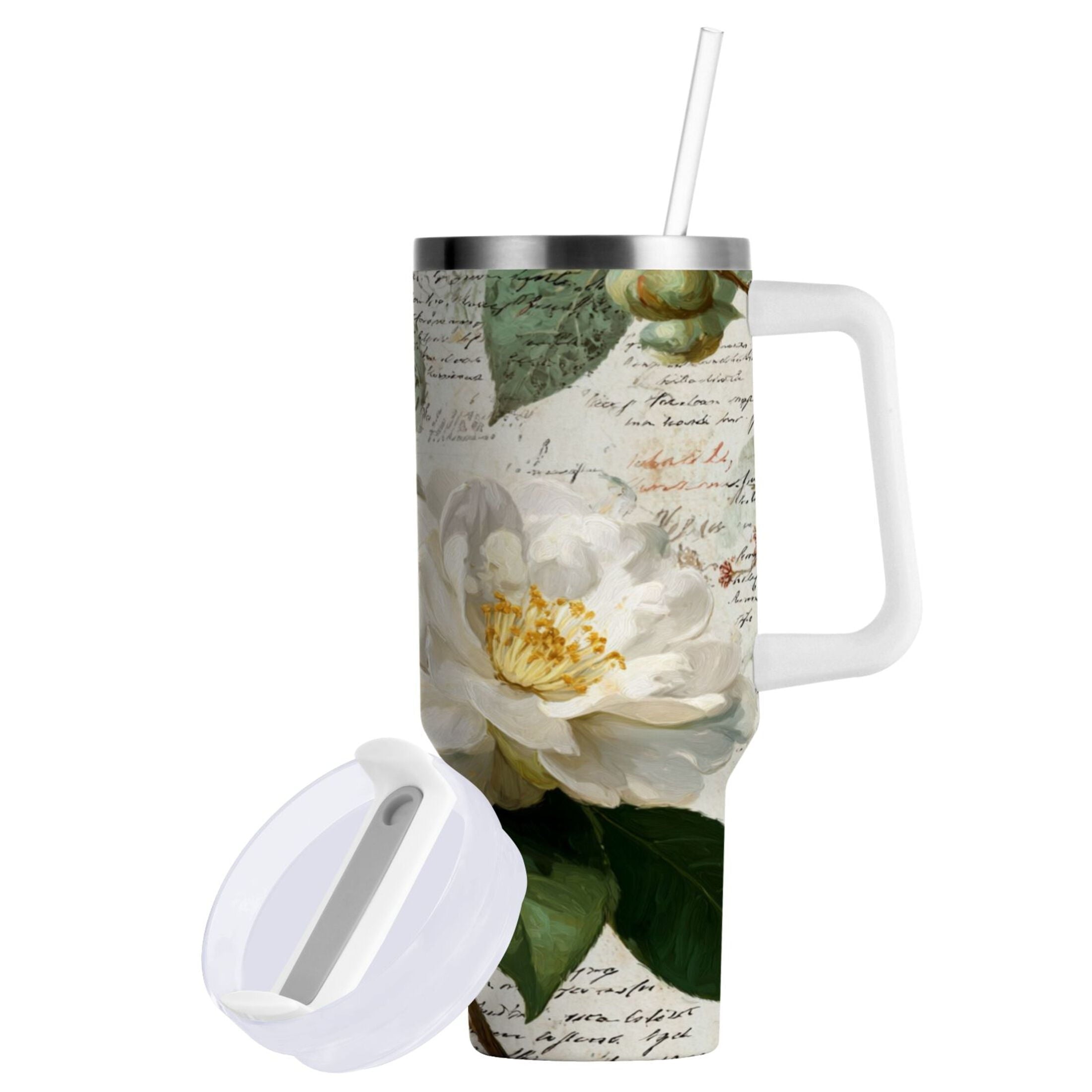 40 oz Insulated Stainless Steel Tumbler Double Wall Stainless Steel Tumbler with 2-Way Drinking Vintage White Camellias - Pick 603