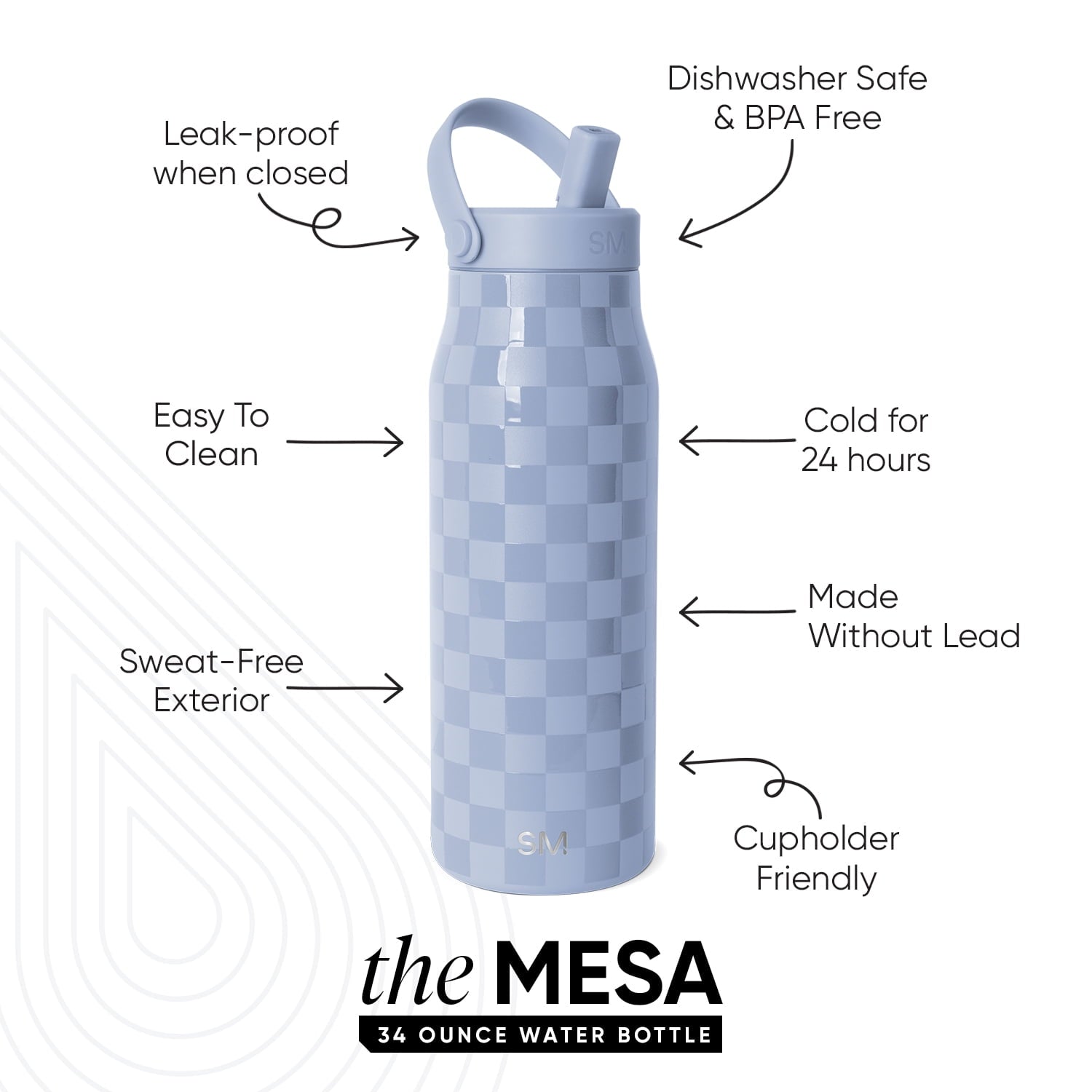 Simple Modern 34 fl oz Insulated Stainless Steel Mesa Wide Mouth Water Bottle with Handle and Push Button Straw Lid | Mystifying Blue Checkmate - Pick 543