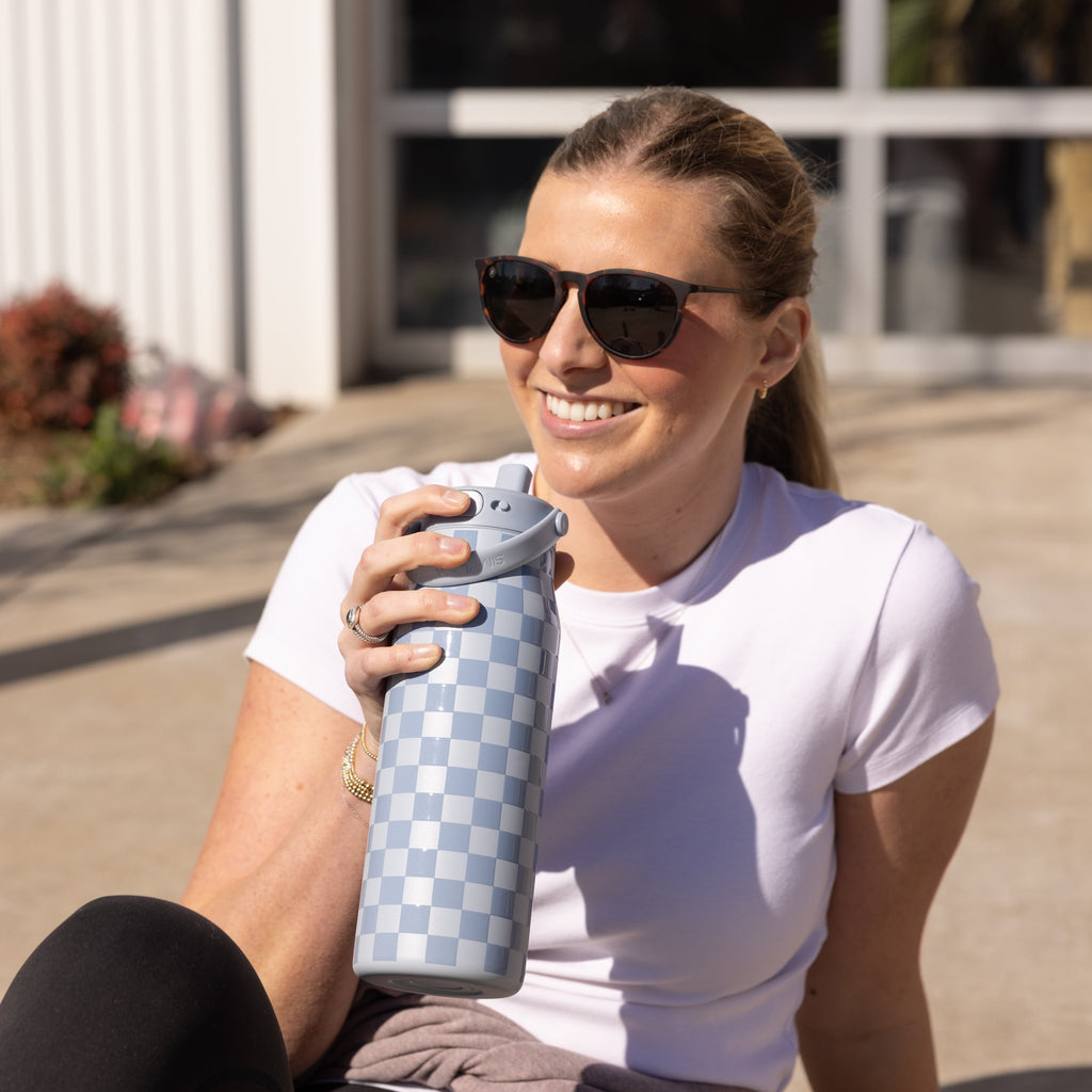 Simple Modern 34 fl oz Insulated Stainless Steel Mesa Wide Mouth Water Bottle with Handle and Push Button Straw Lid | Mystifying Blue Checkmate - Pick 543