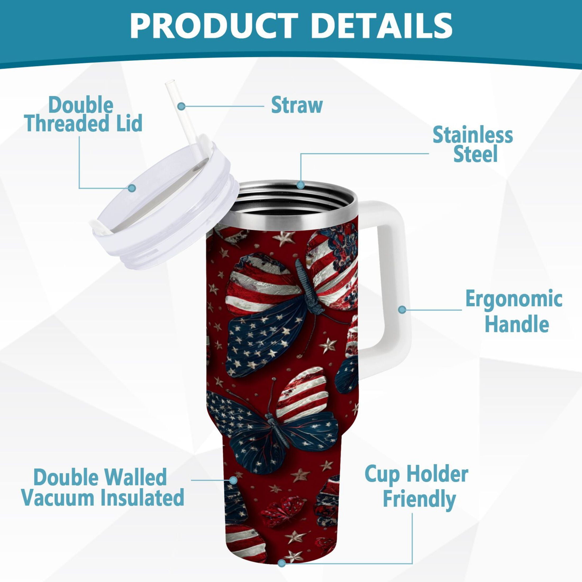 40 oz Insulated Stainless Steel Tumbler Double Wall Stainless Steel Tumbler with 2-Way Drinking Butterfly with National Flag - Pick 849