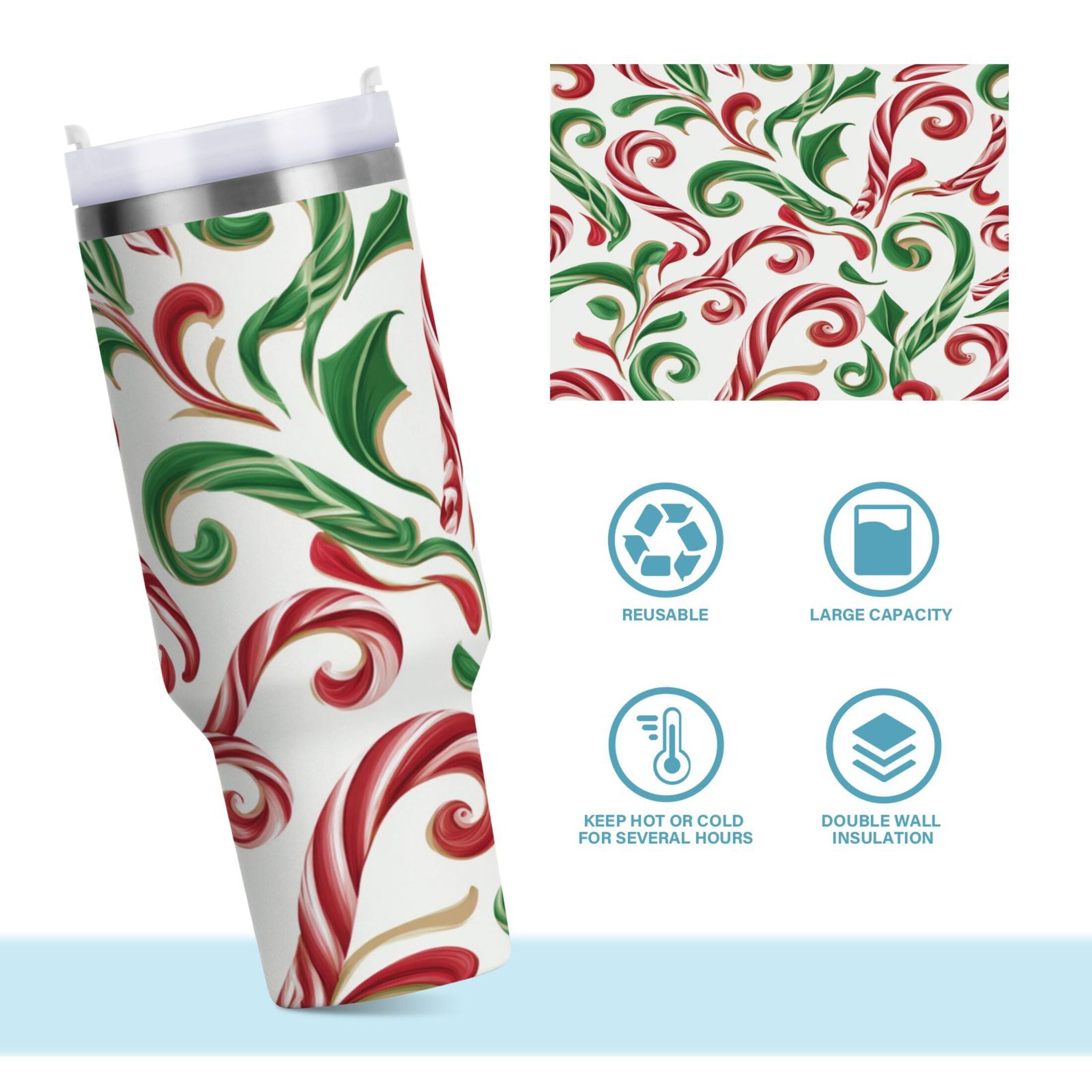 40 oz Insulated Stainless Steel Tumbler Double Wall Stainless Steel Tumbler with 2-Way Drinking Red and Green Candy-cane - Pick 289