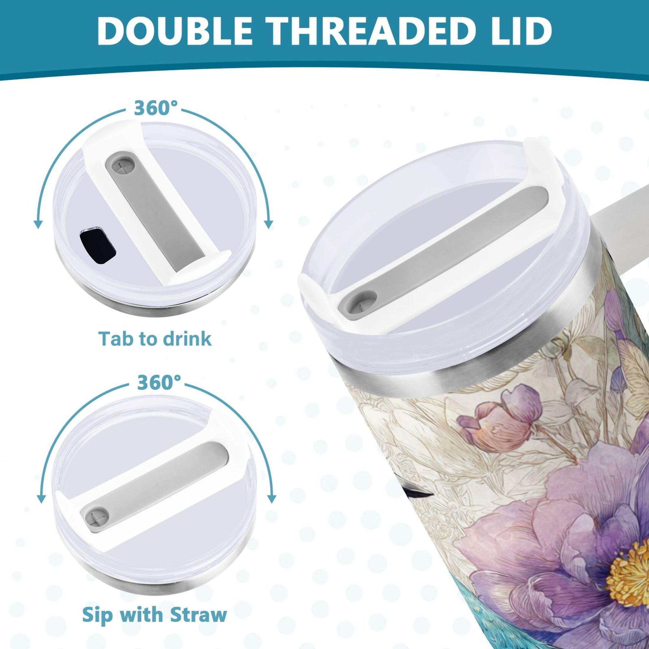 30 oz Insulated Stainless Steel Tumbler Double Wall Stainless Steel Tumbler with 2-Way Drinking Bluebird and Flower - Pick 579