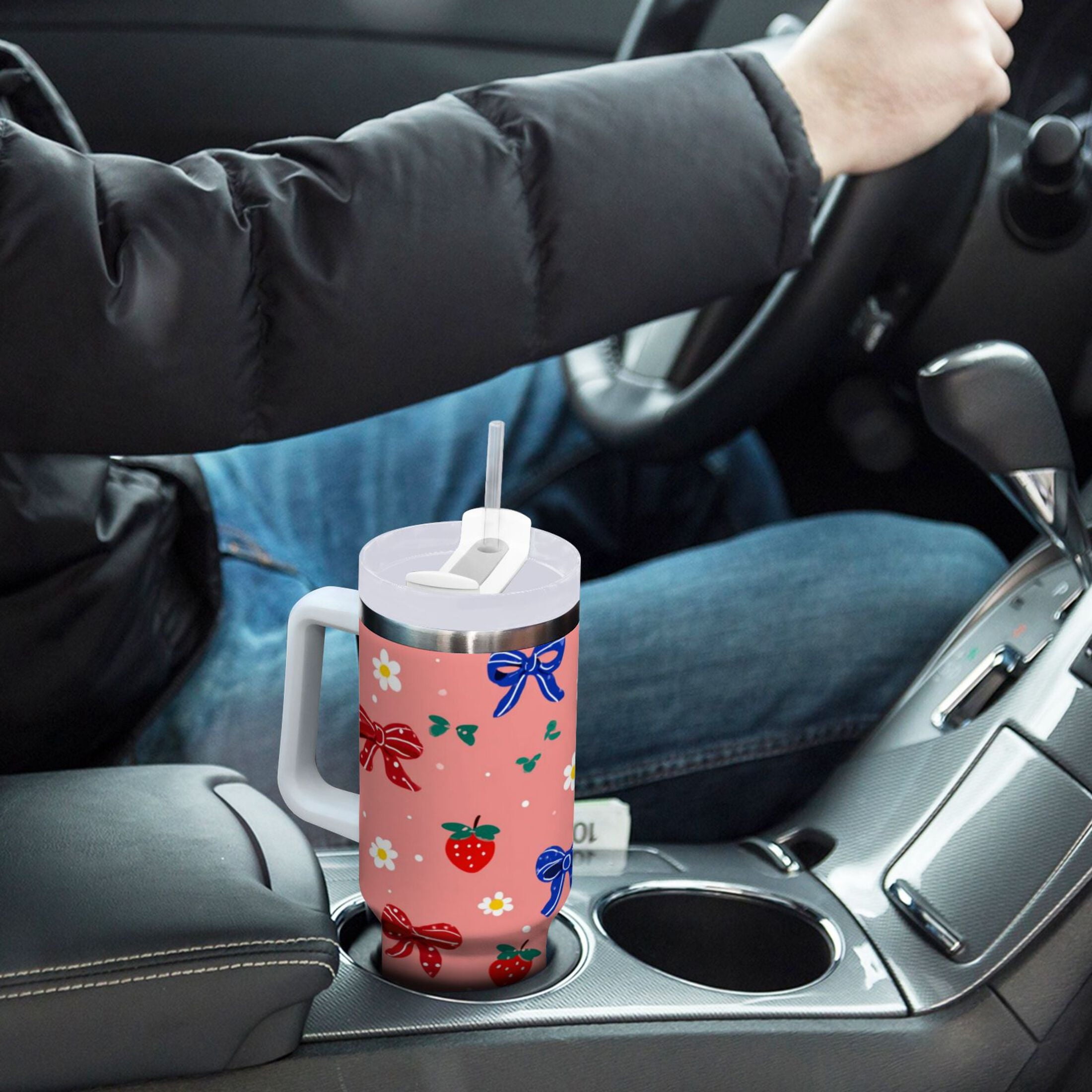40 oz Insulated Stainless Steel Tumbler Double Wall Stainless Steel Tumbler with 2-Way Drinking Bows and Strawberries Pattern - Pick 631