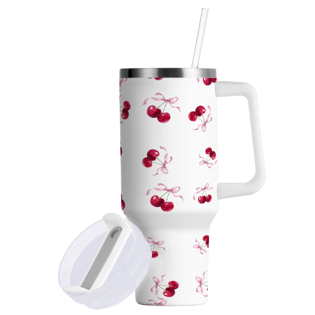 30 oz Insulated Stainless Steel Tumbler Double Wall Stainless Steel Tumbler with 2-Way Drinking Watercolor Cherries Pattern - Pick 266