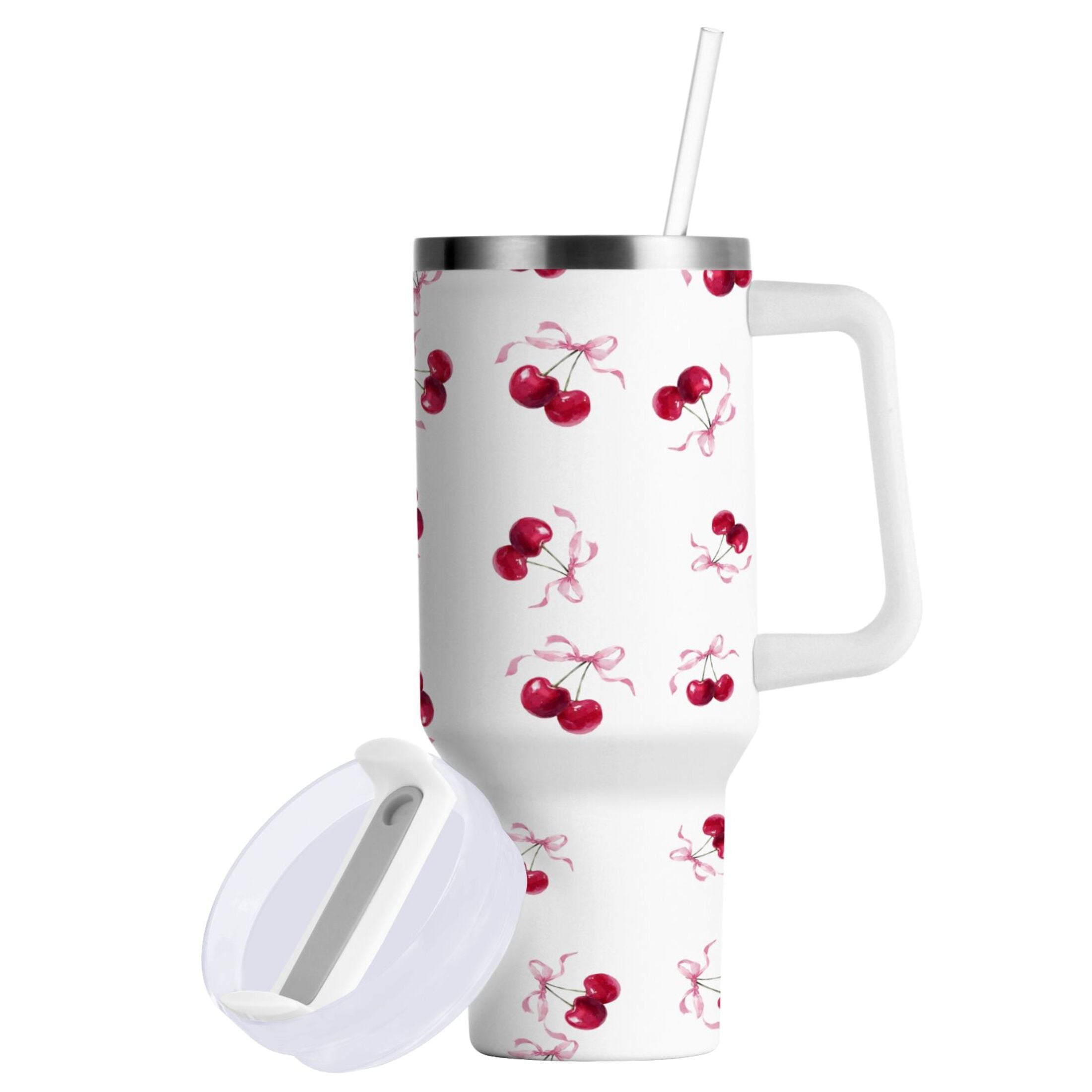 30 oz Insulated Stainless Steel Tumbler Double Wall Stainless Steel Tumbler with 2-Way Drinking Watercolor Cherries Pattern - Pick 266
