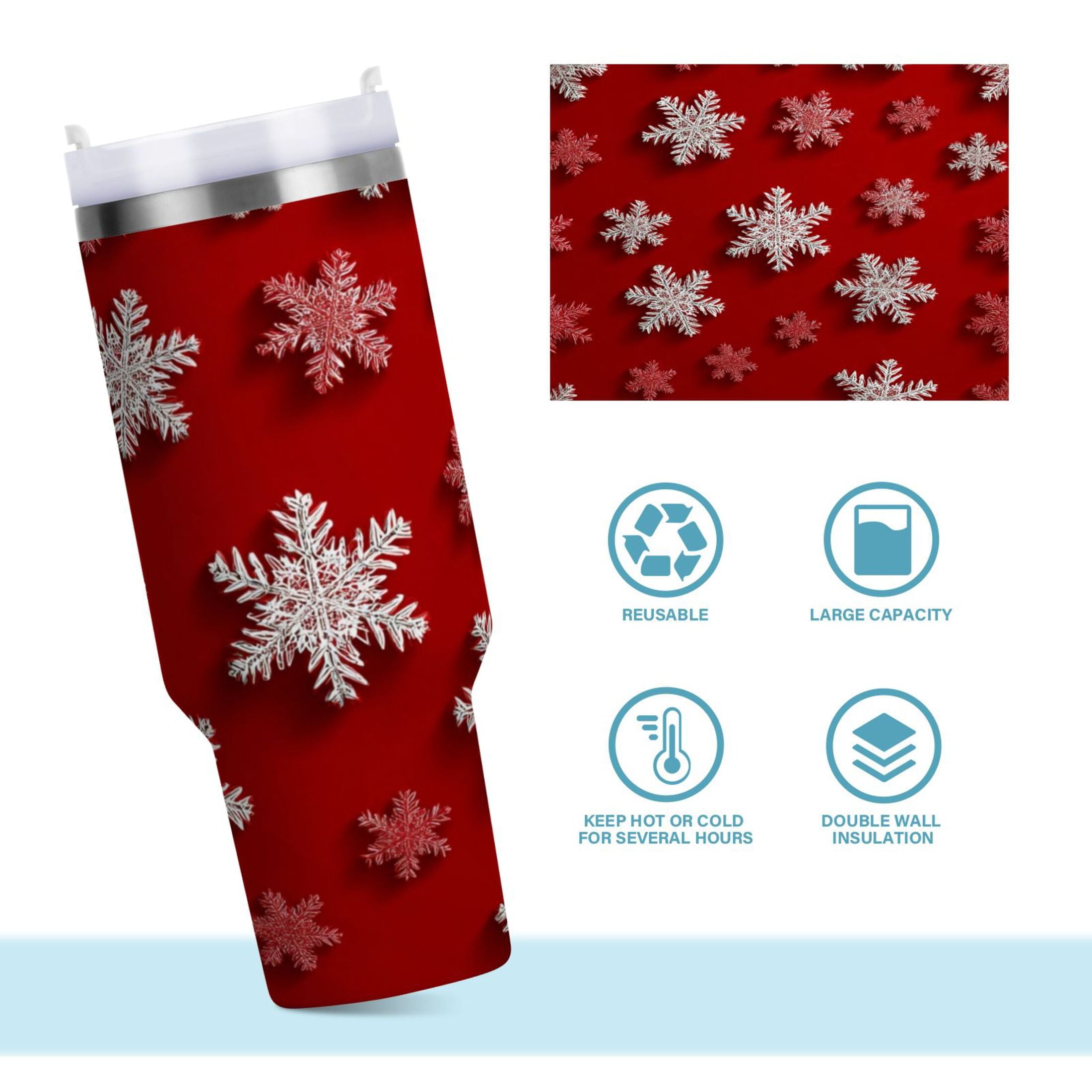 30 oz Insulated Stainless Steel Tumbler Double Wall Stainless Steel Tumbler with 2-Way Drinking Red and White Snowflakes - Pick 918