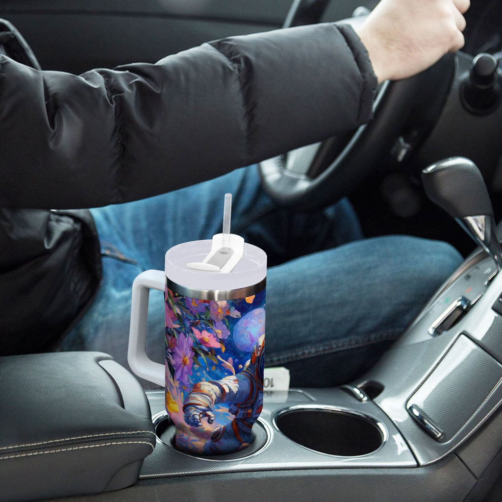 40 oz Insulated Stainless Steel Tumbler Double Wall Stainless Steel Tumbler with 2-Way Drinking Astronaut and Colorful Flowers - Pick 978