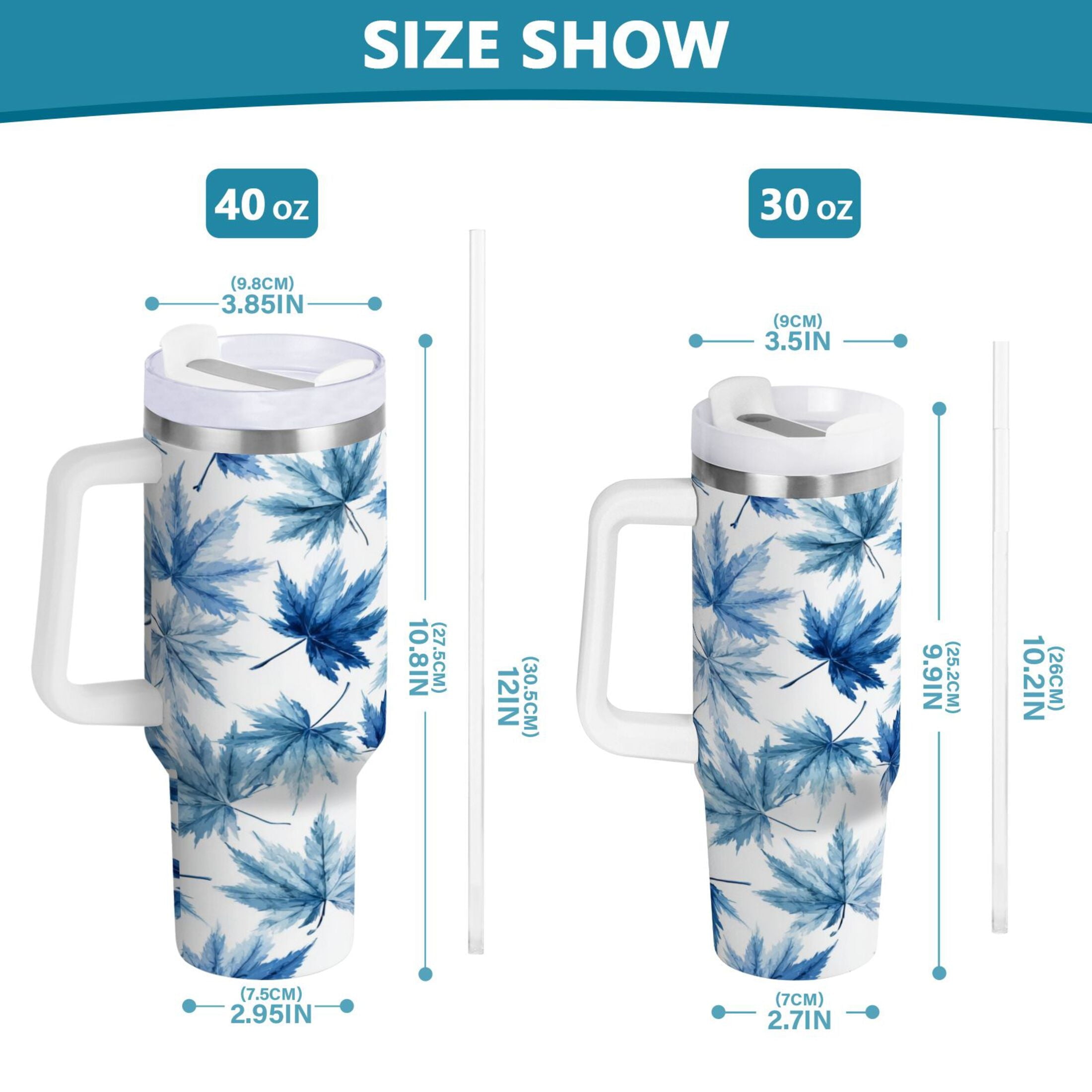 30 oz Insulated Stainless Steel Tumbler Double Wall Stainless Steel Tumbler with 2-Way Drinking Abstract Blue Maple Leaves - Pick 826