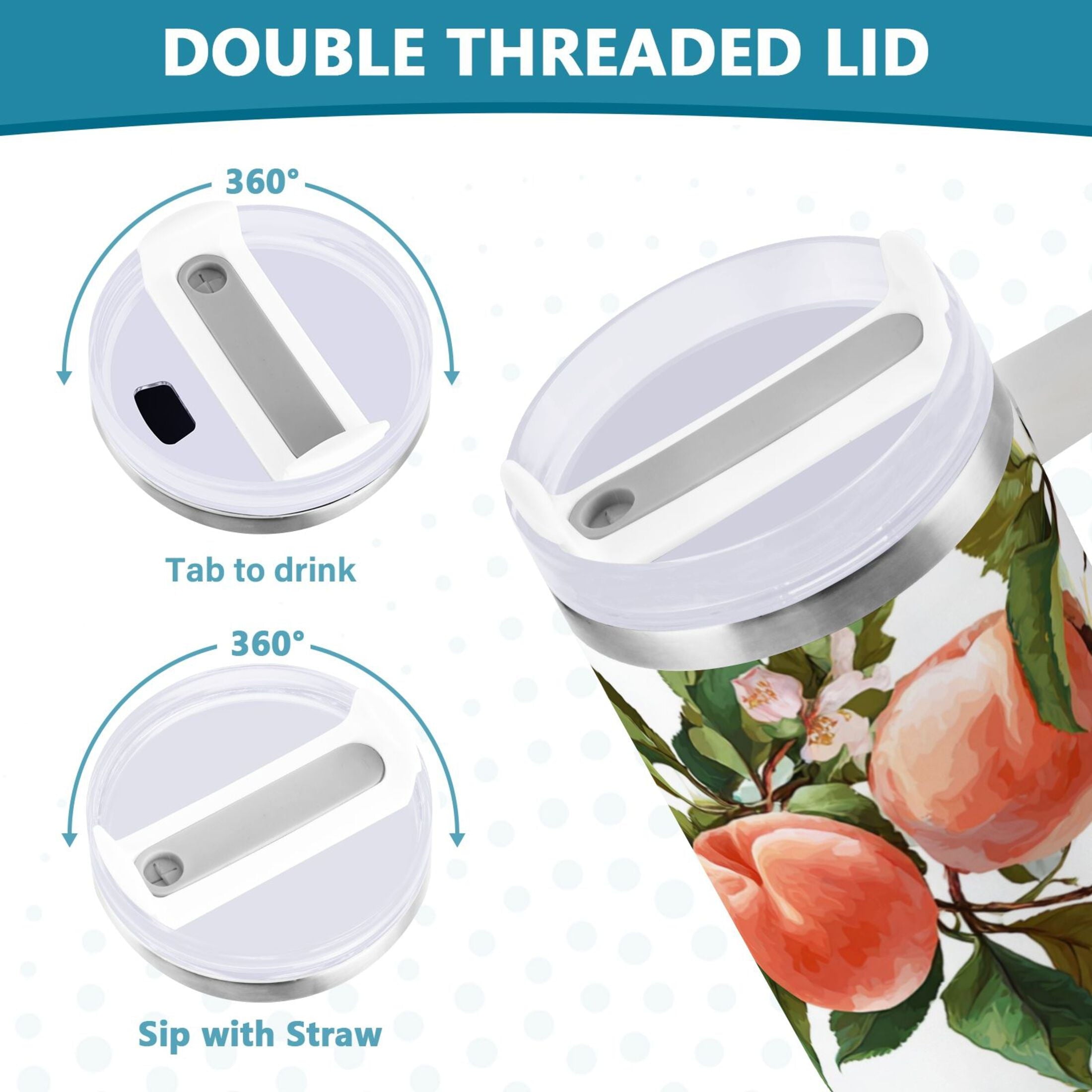 30 oz Insulated Stainless Steel Tumbler Double Wall Stainless Steel Tumbler with 2-Way Drinking Peach Fruit Pattern - Pick 393