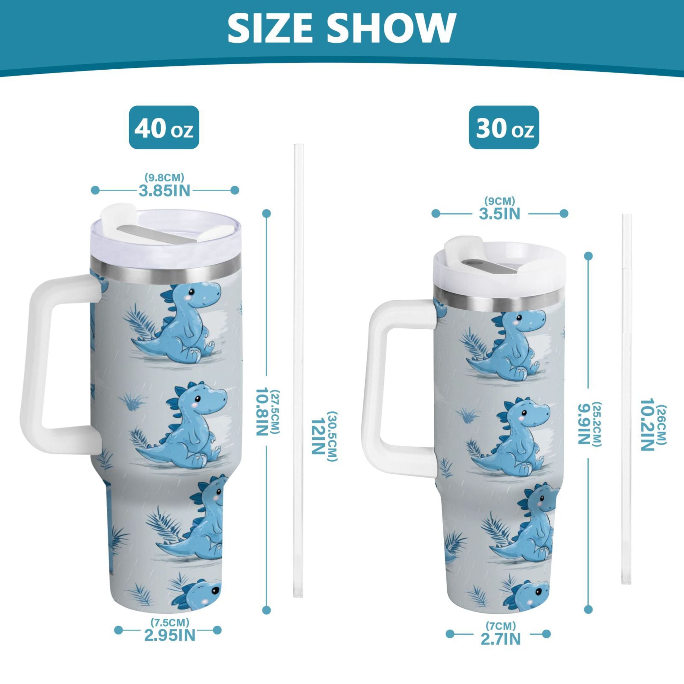 30 oz Insulated Stainless Steel Tumbler Double Wall Stainless Steel Tumbler with 2-Way Drinking Cartoon Blue Dinosaurs - Pick 582