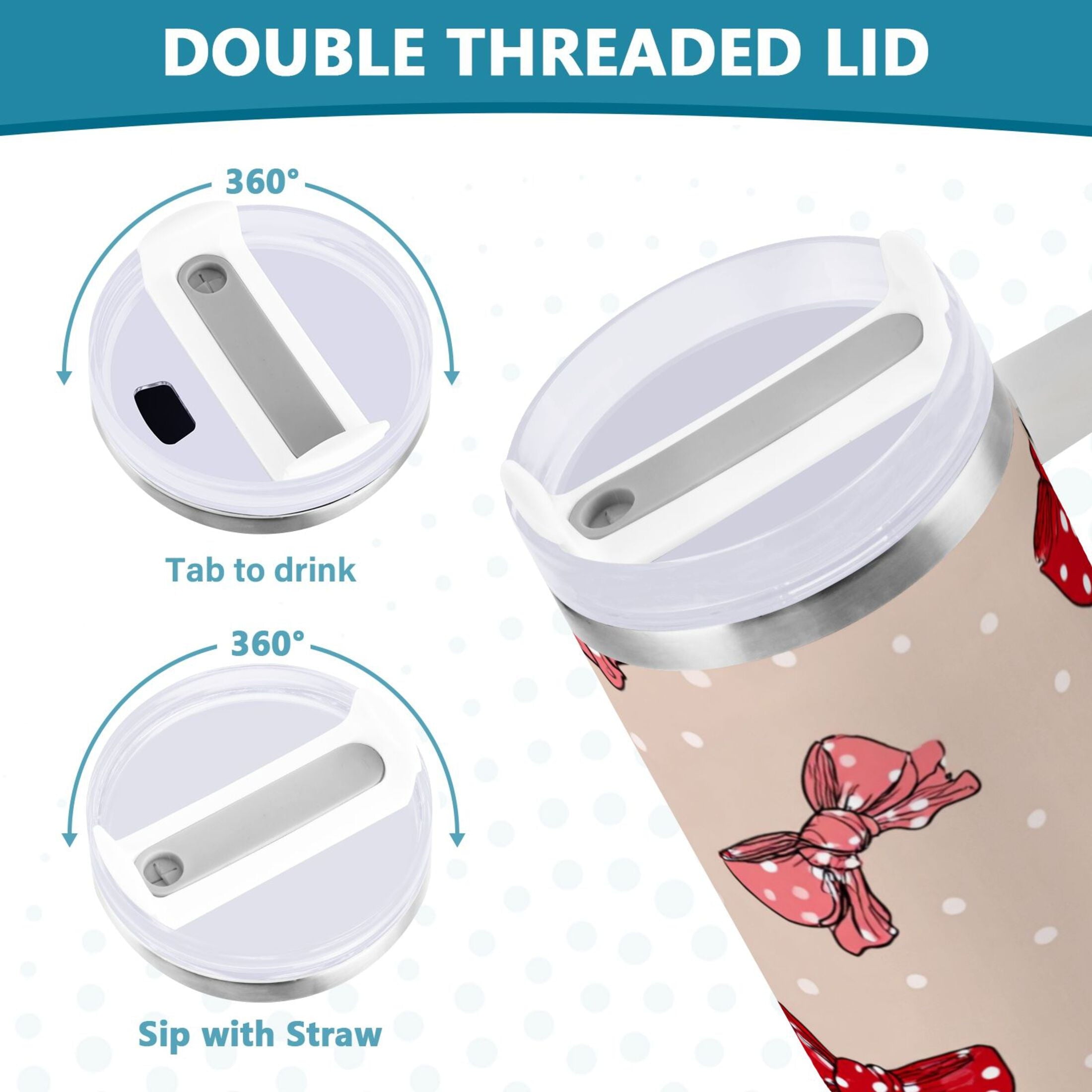 30 oz Insulated Stainless Steel Tumbler Double Wall Stainless Steel Tumbler with 2-Way Drinking Cute Red Bows Pattern - Pick 205