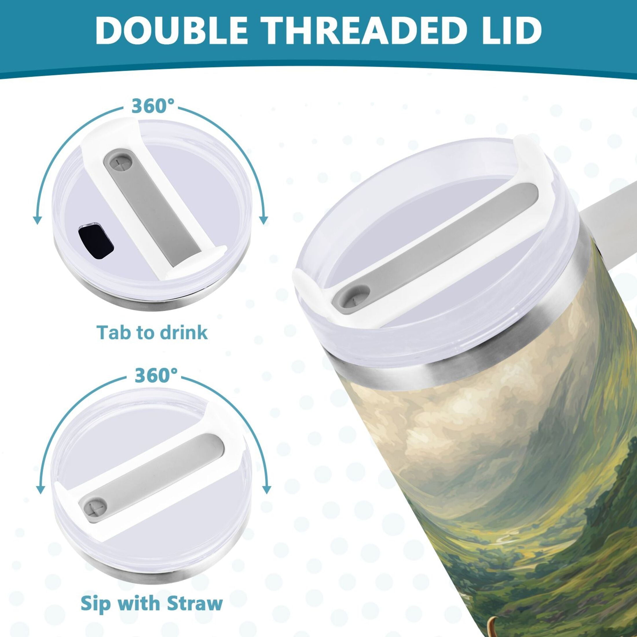 30 oz Insulated Stainless Steel Tumbler Double Wall Stainless Steel Tumbler with 2-Way Drinking Cow in Green Rolling Hills - Pick 393
