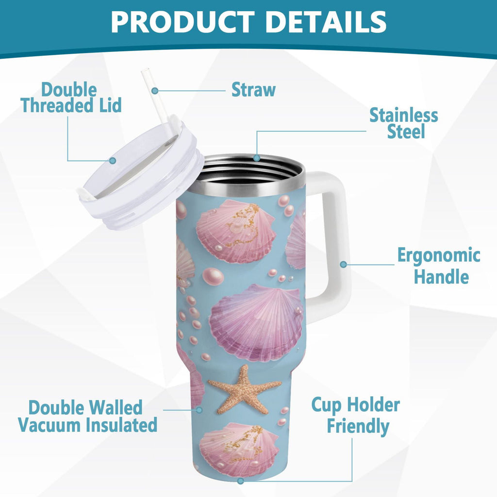 40 oz Insulated Stainless Steel Tumbler Double Wall Stainless Steel Tumbler with 2-Way Drinking Seashells and Pearls Pattern - Pick 502
