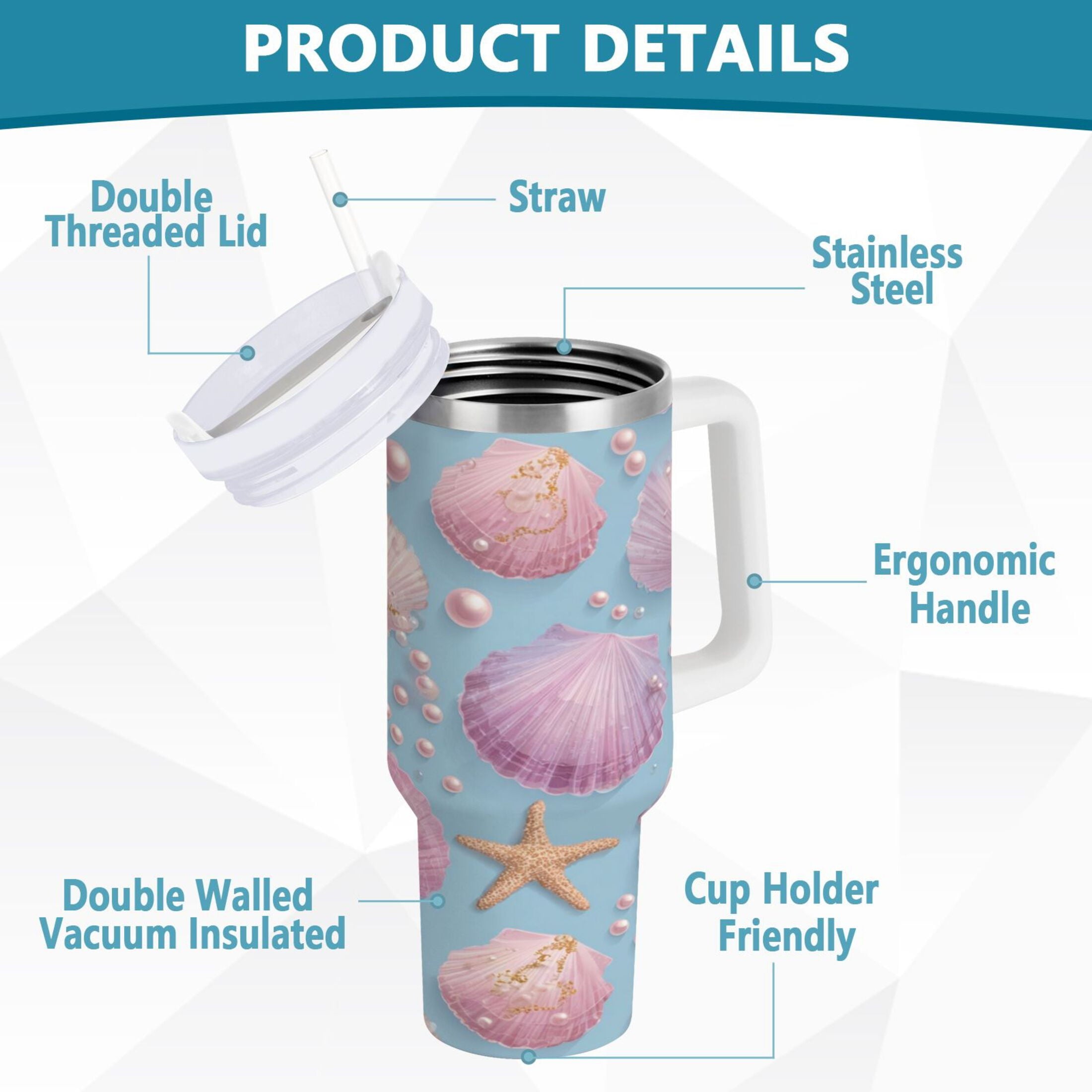 40 oz Insulated Stainless Steel Tumbler Double Wall Stainless Steel Tumbler with 2-Way Drinking Seashells and Pearls Pattern - Pick 502
