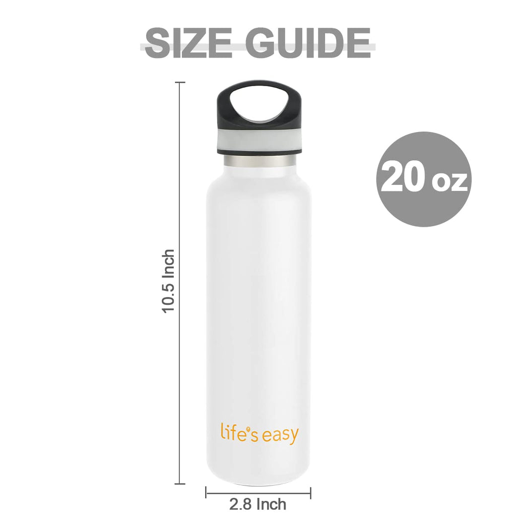 LIFE'S EASY 20 oz. Sports Insulated Water Bottle with Lid. Stainless Steel Vacuum Double Wall Thermo for Modern Hot and Cold Drinks, Simple Metal Hydro Canteen for Travel Men and Women (White) - Pick 974