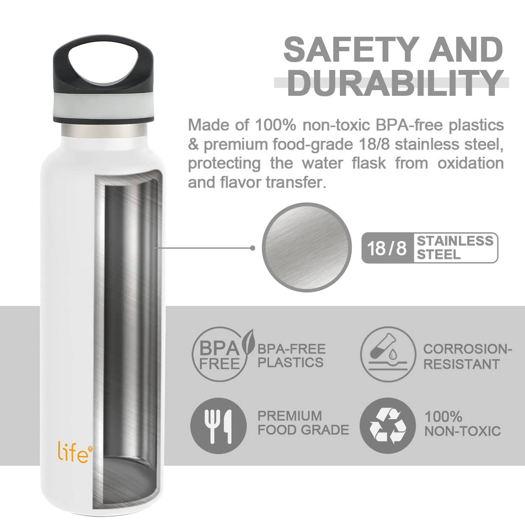 LIFE'S EASY 20 oz. Sports Insulated Water Bottle with Lid. Stainless Steel Vacuum Double Wall Thermo for Modern Hot and Cold Drinks, Simple Metal Hydro Canteen for Travel Men and Women (White) - Pick 974