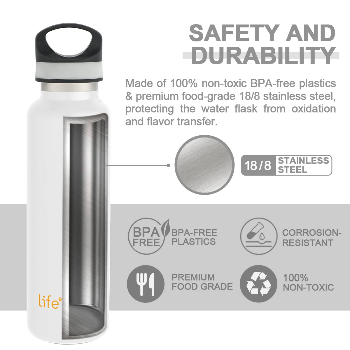 LIFE'S EASY 20 oz. Sports Insulated Water Bottle with Lid. Stainless Steel Vacuum Double Wall Thermo for Modern Hot and Cold Drinks, Simple Metal Hydro Canteen for Travel Men and Women (White) - Pick 974