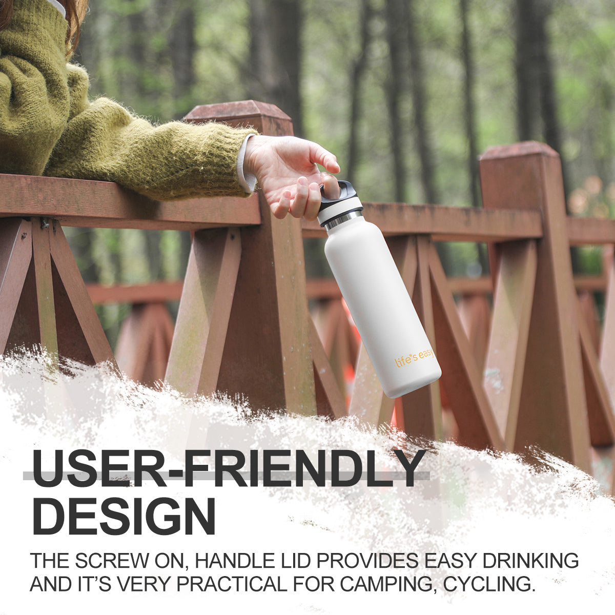LIFE'S EASY 20 oz. Sports Insulated Water Bottle with Lid. Stainless Steel Vacuum Double Wall Thermo for Modern Hot and Cold Drinks, Simple Metal Hydro Canteen for Travel Men and Women (White) - Pick 974