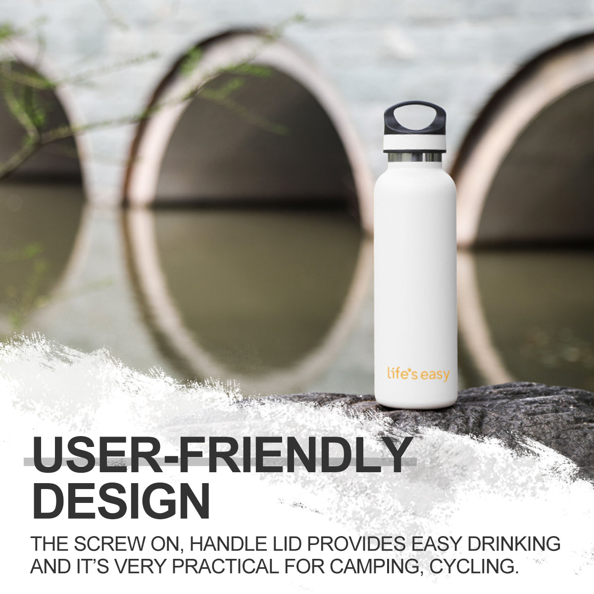 LIFE'S EASY 20 oz. Sports Insulated Water Bottle with Lid. Stainless Steel Vacuum Double Wall Thermo for Modern Hot and Cold Drinks, Simple Metal Hydro Canteen for Travel Men and Women (White) - Pick 974
