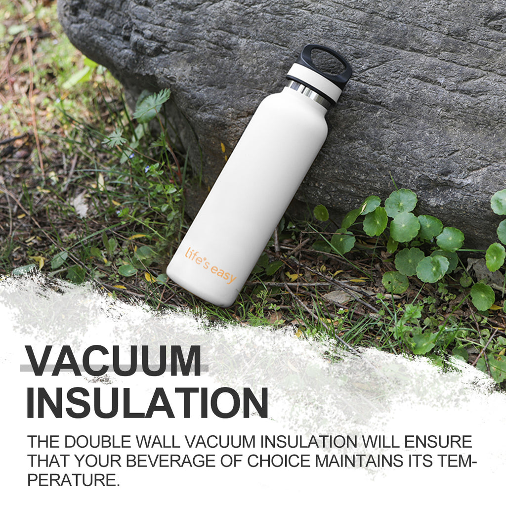 LIFE'S EASY 20 oz. Sports Insulated Water Bottle with Lid. Stainless Steel Vacuum Double Wall Thermo for Modern Hot and Cold Drinks, Simple Metal Hydro Canteen for Travel Men and Women (White) - Pick 974