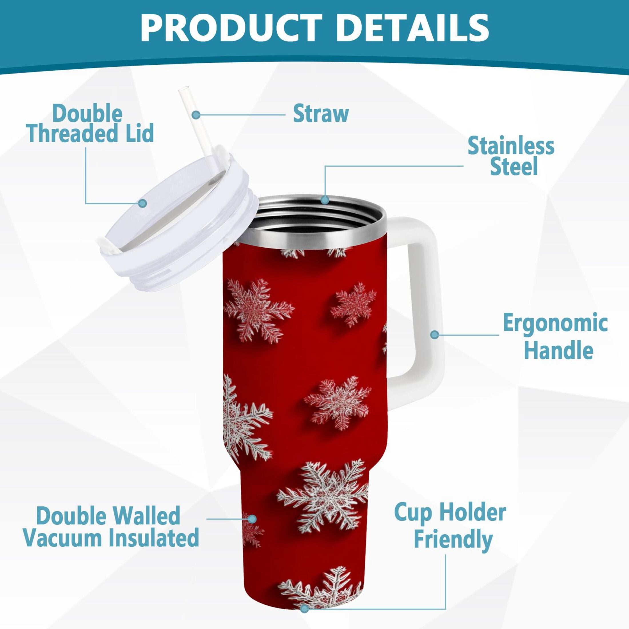 30 oz Insulated Stainless Steel Tumbler Double Wall Stainless Steel Tumbler with 2-Way Drinking Red and White Snowflakes - Pick 918