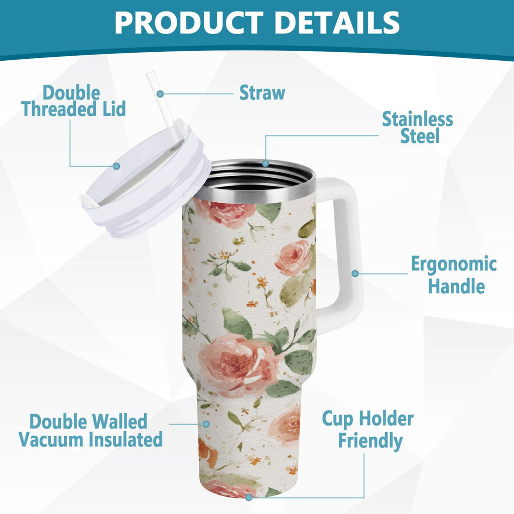 40 oz Insulated Stainless Steel Tumbler Double Wall Stainless Steel Tumbler with 2-Way Drinking Watercolor Rose Floral Pattern - Pick 229