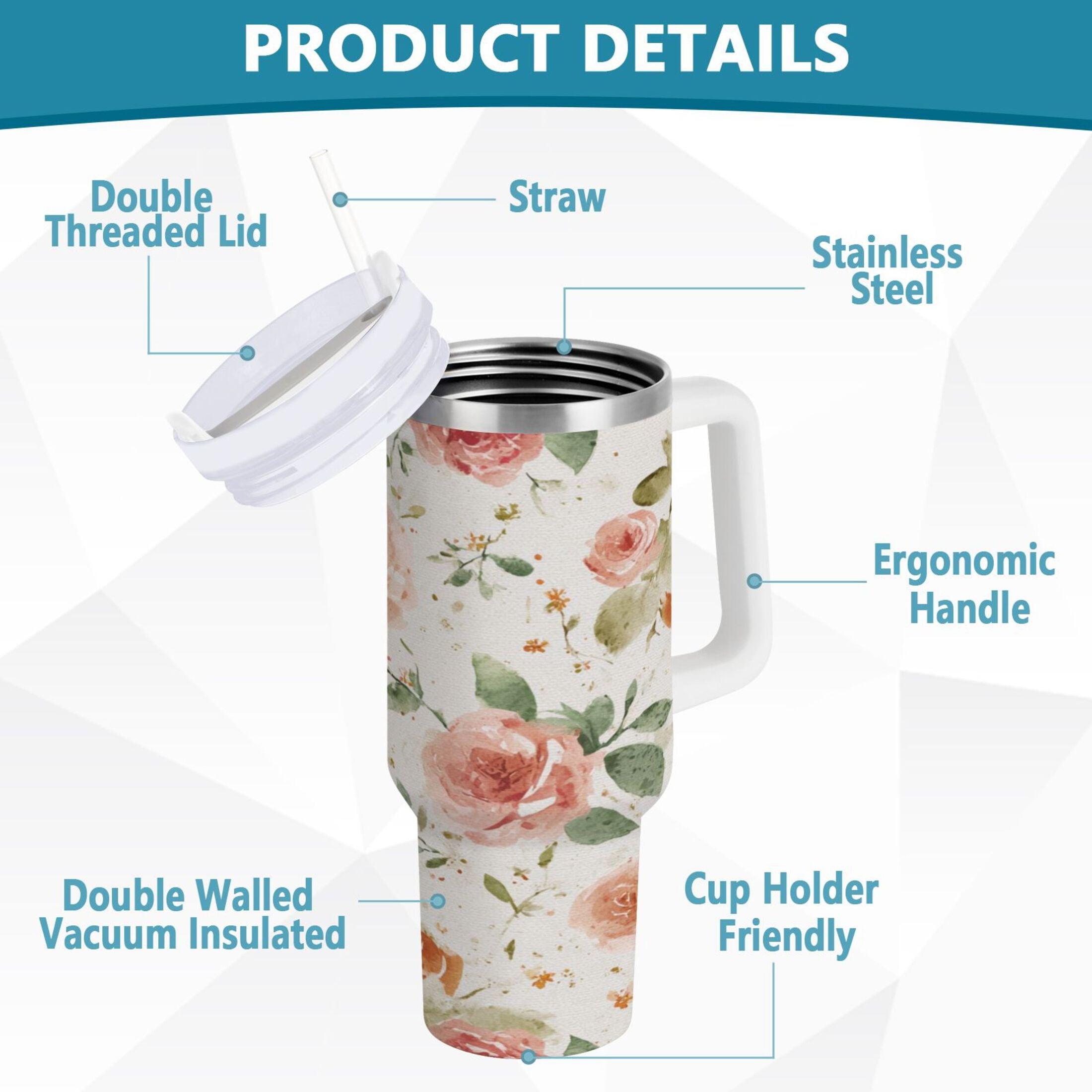 40 oz Insulated Stainless Steel Tumbler Double Wall Stainless Steel Tumbler with 2-Way Drinking Watercolor Rose Floral Pattern - Pick 229