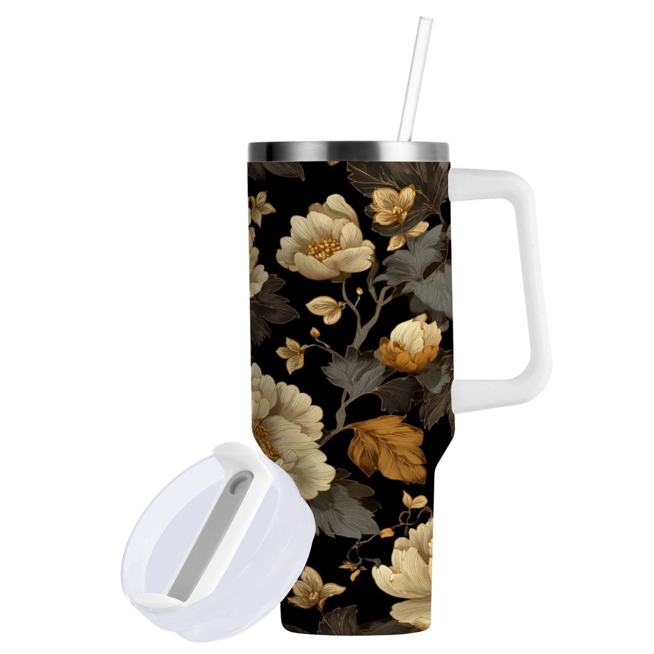 30 oz Insulated Stainless Steel Tumbler Double Wall Stainless Steel Tumbler with 2-Way Drinking Elegant Beige Floral - Pick 633