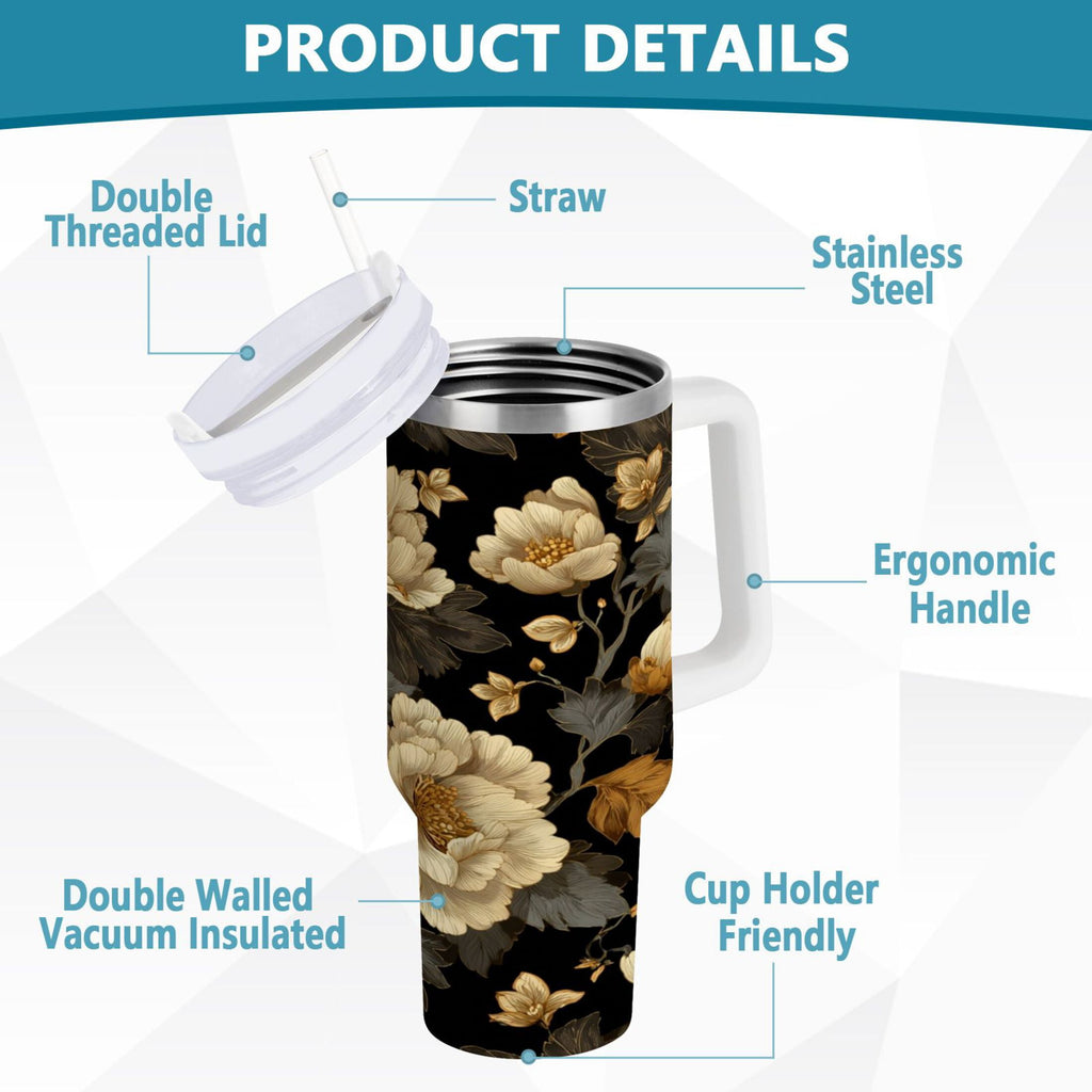 30 oz Insulated Stainless Steel Tumbler Double Wall Stainless Steel Tumbler with 2-Way Drinking Elegant Beige Floral - Pick 633