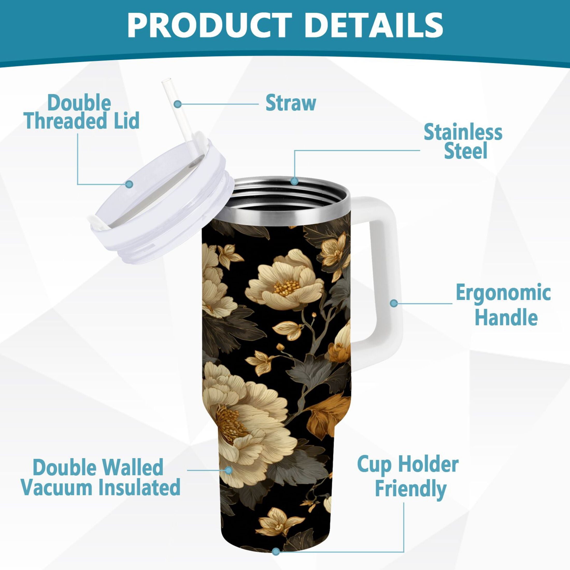 30 oz Insulated Stainless Steel Tumbler Double Wall Stainless Steel Tumbler with 2-Way Drinking Elegant Beige Floral - Pick 633