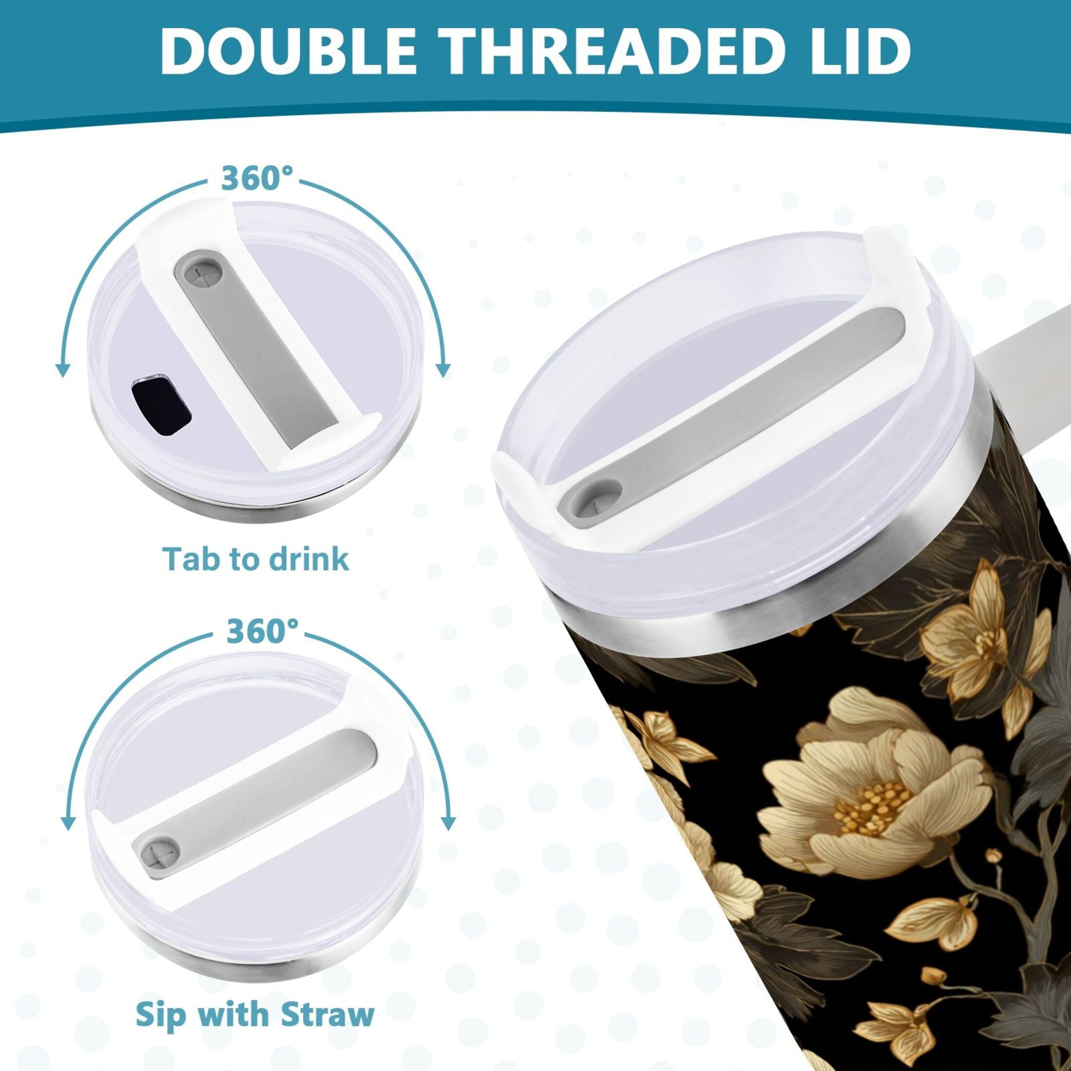 30 oz Insulated Stainless Steel Tumbler Double Wall Stainless Steel Tumbler with 2-Way Drinking Elegant Beige Floral - Pick 633