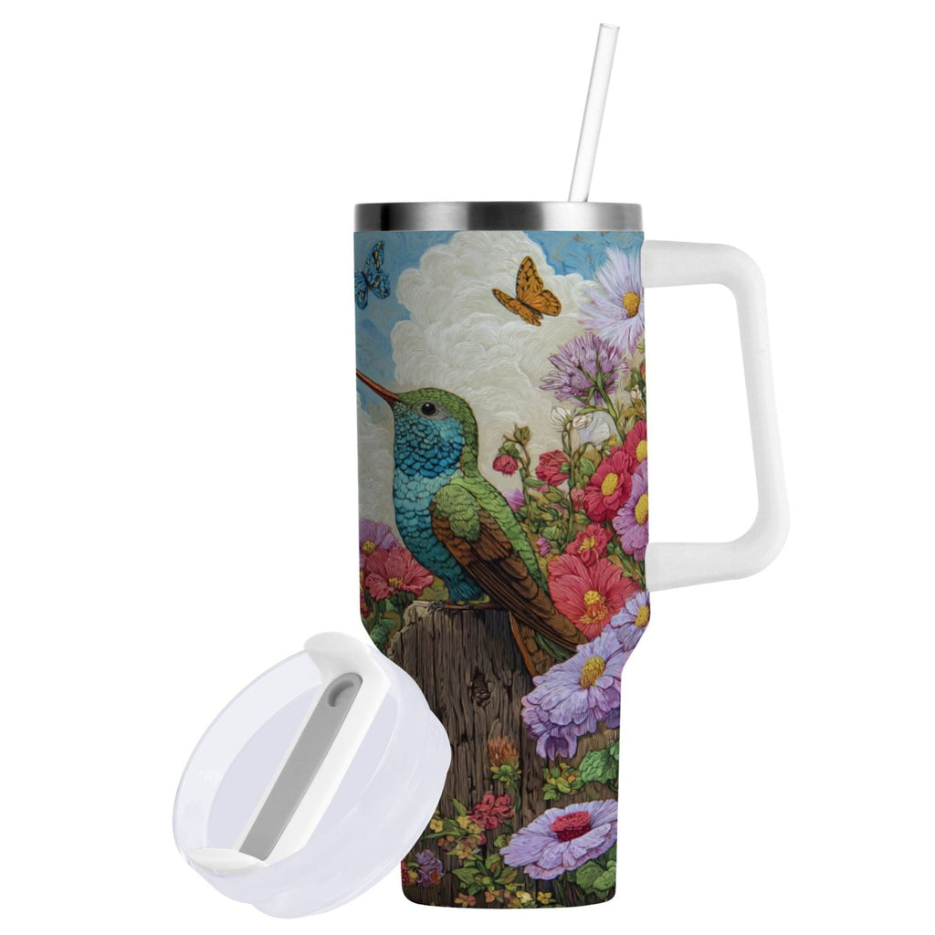 30 oz Insulated Stainless Steel Tumbler Double Wall Stainless Steel Tumbler with 2-Way Drinking Hummingbirds and Flowers - Pick 615
