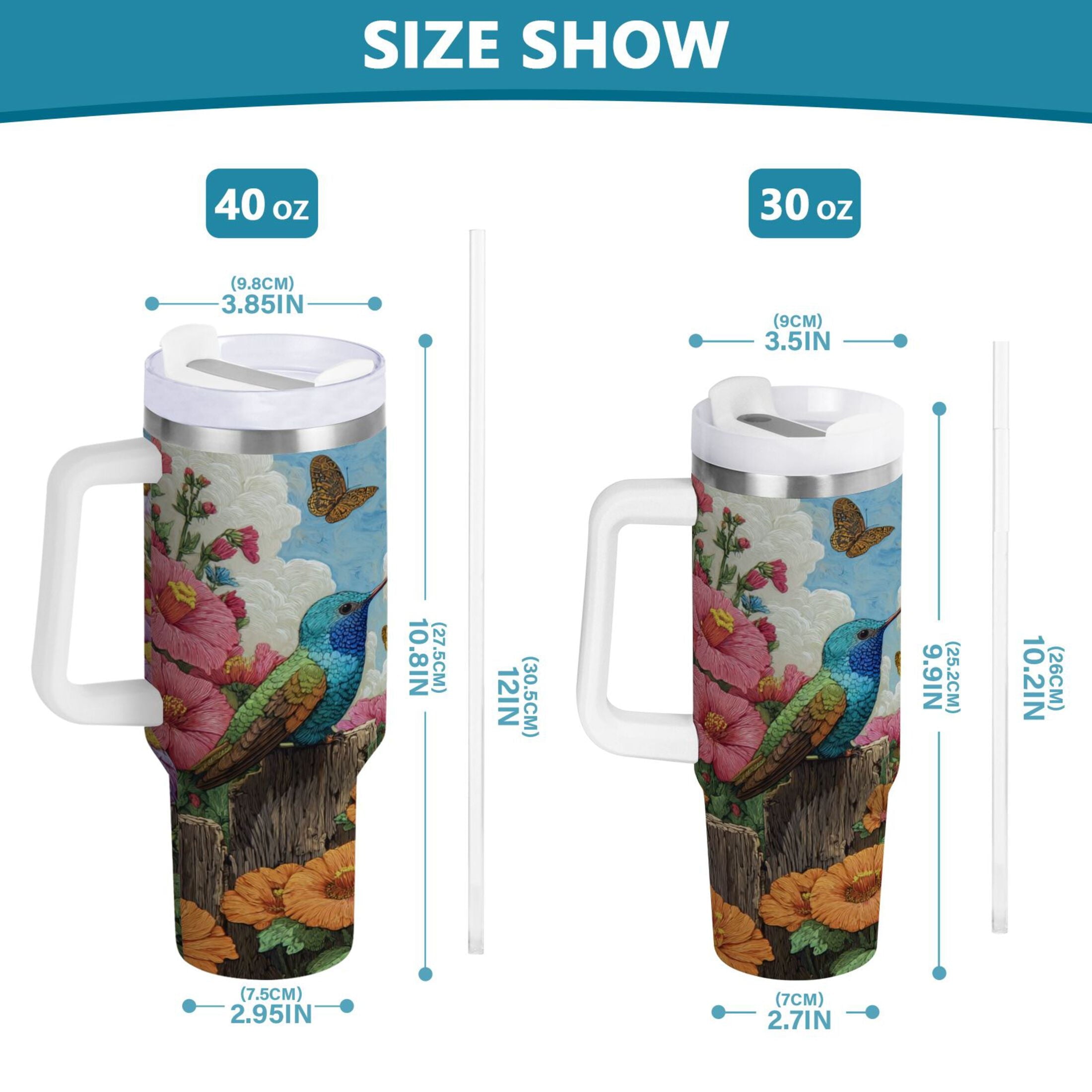 30 oz Insulated Stainless Steel Tumbler Double Wall Stainless Steel Tumbler with 2-Way Drinking Hummingbirds and Flowers - Pick 615