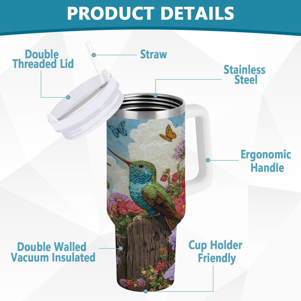 30 oz Insulated Stainless Steel Tumbler Double Wall Stainless Steel Tumbler with 2-Way Drinking Hummingbirds and Flowers - Pick 615