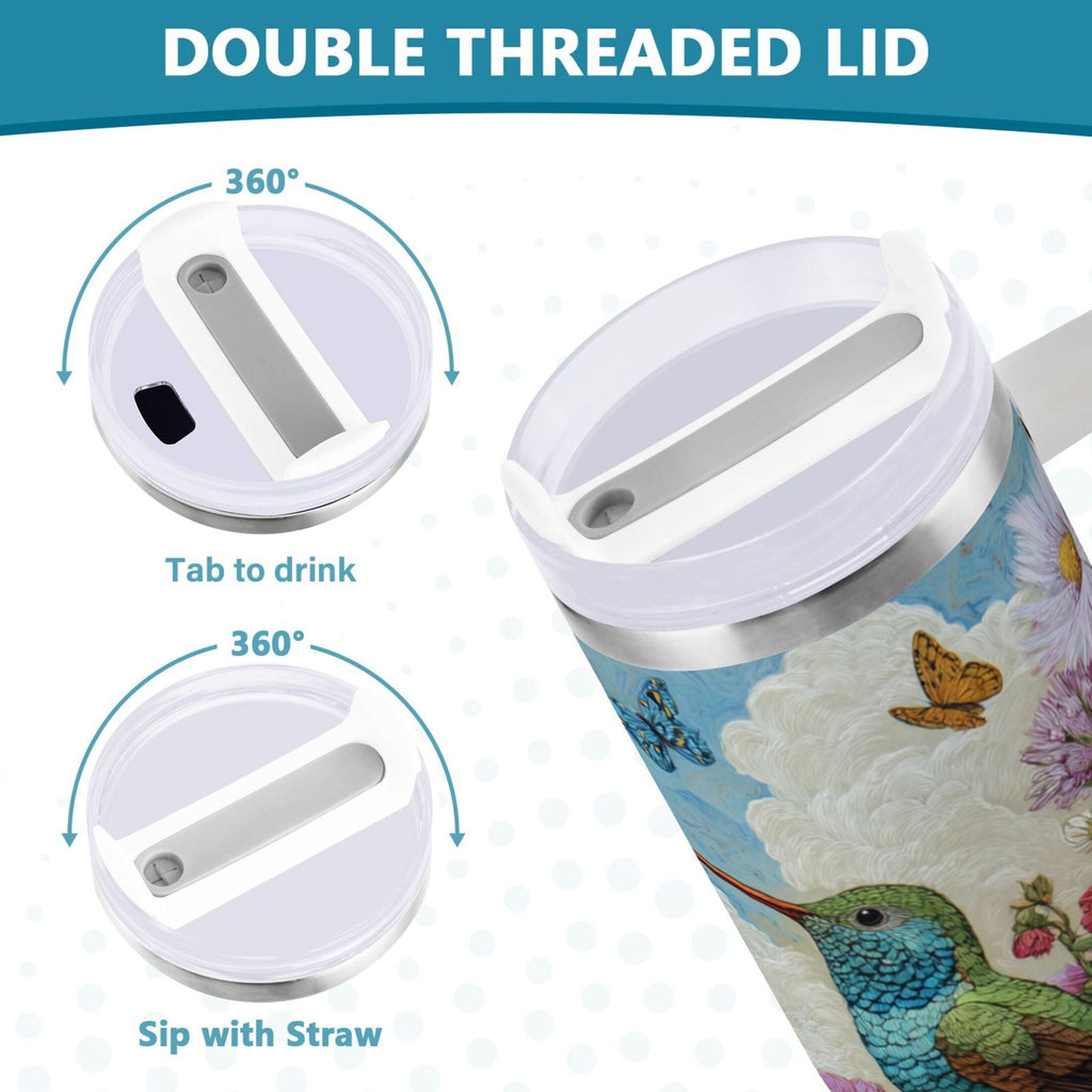 30 oz Insulated Stainless Steel Tumbler Double Wall Stainless Steel Tumbler with 2-Way Drinking Hummingbirds and Flowers - Pick 615