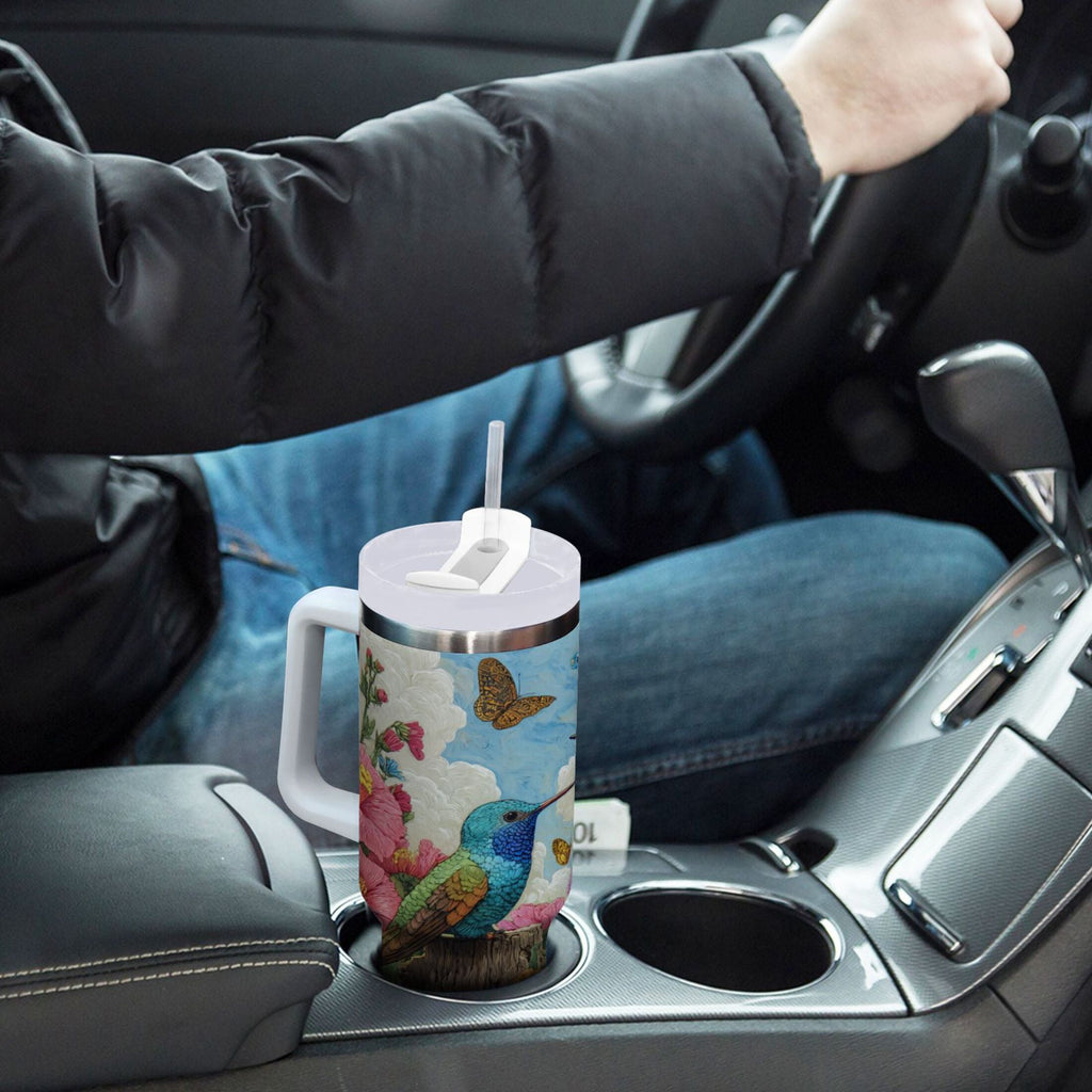 30 oz Insulated Stainless Steel Tumbler Double Wall Stainless Steel Tumbler with 2-Way Drinking Hummingbirds and Flowers - Pick 615
