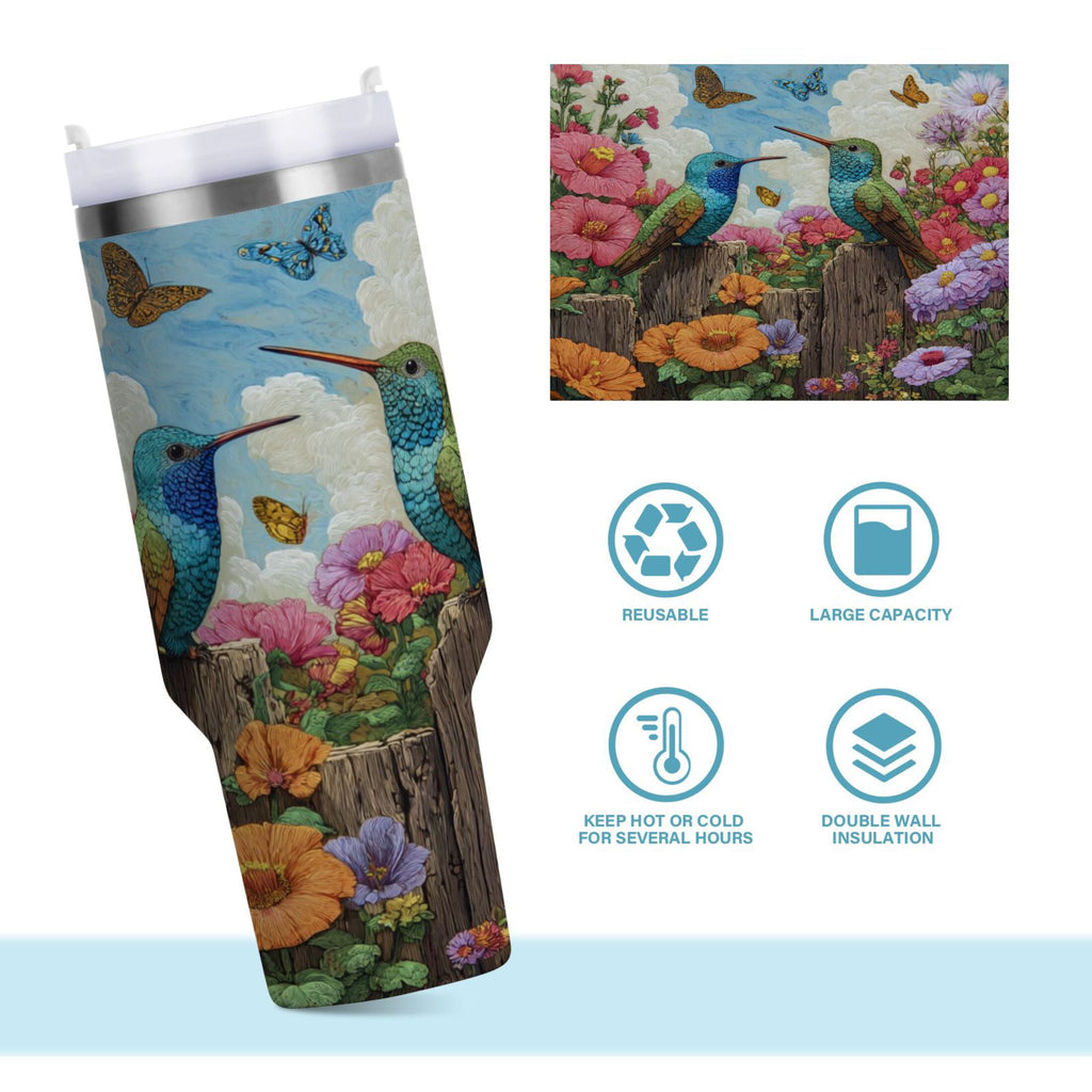 30 oz Insulated Stainless Steel Tumbler Double Wall Stainless Steel Tumbler with 2-Way Drinking Hummingbirds and Flowers - Pick 615