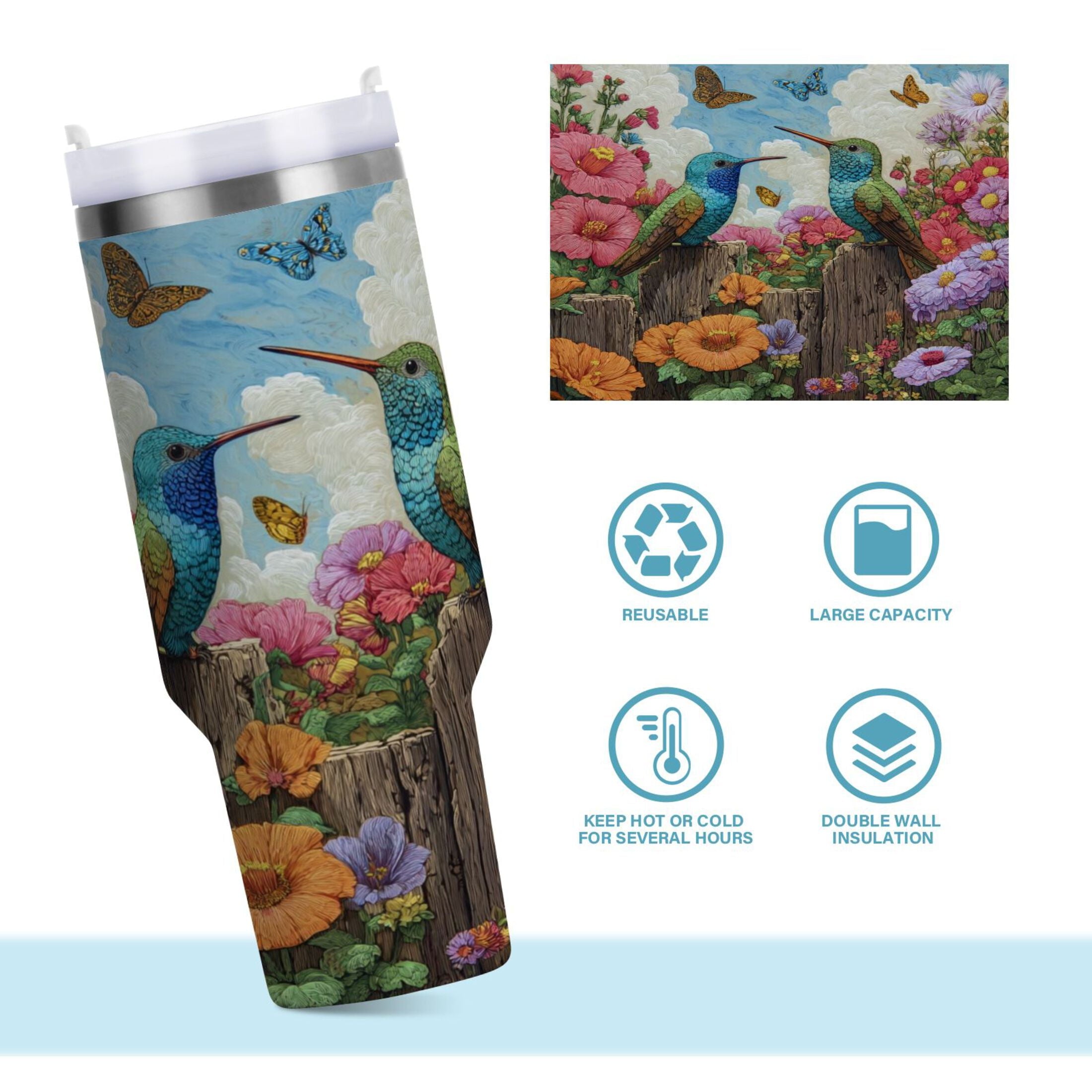 30 oz Insulated Stainless Steel Tumbler Double Wall Stainless Steel Tumbler with 2-Way Drinking Hummingbirds and Flowers - Pick 615