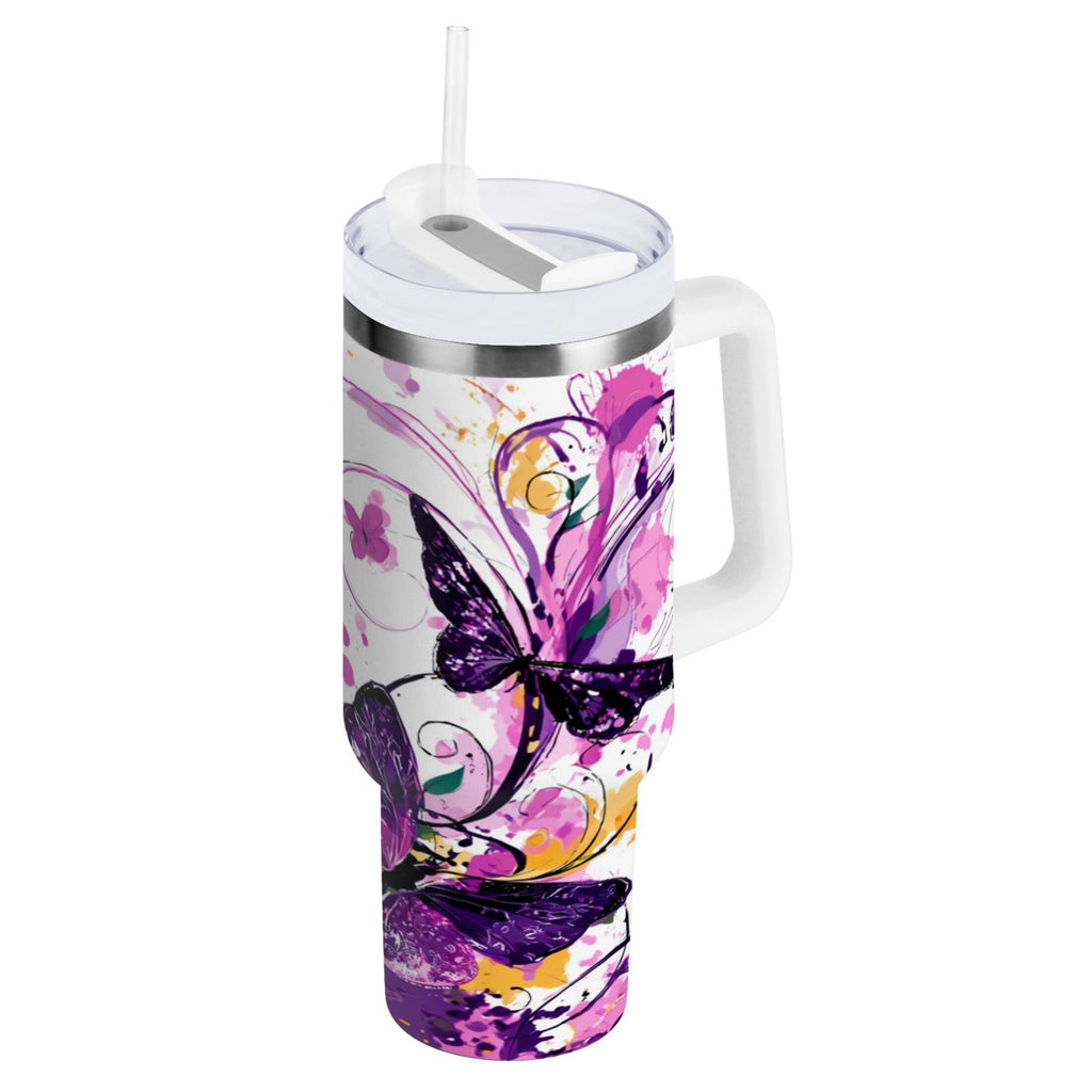 40 oz Insulated Stainless Steel Tumbler Double Wall Stainless Steel Tumbler with 2-Way Drinking Purple Butterfly - Pick 264