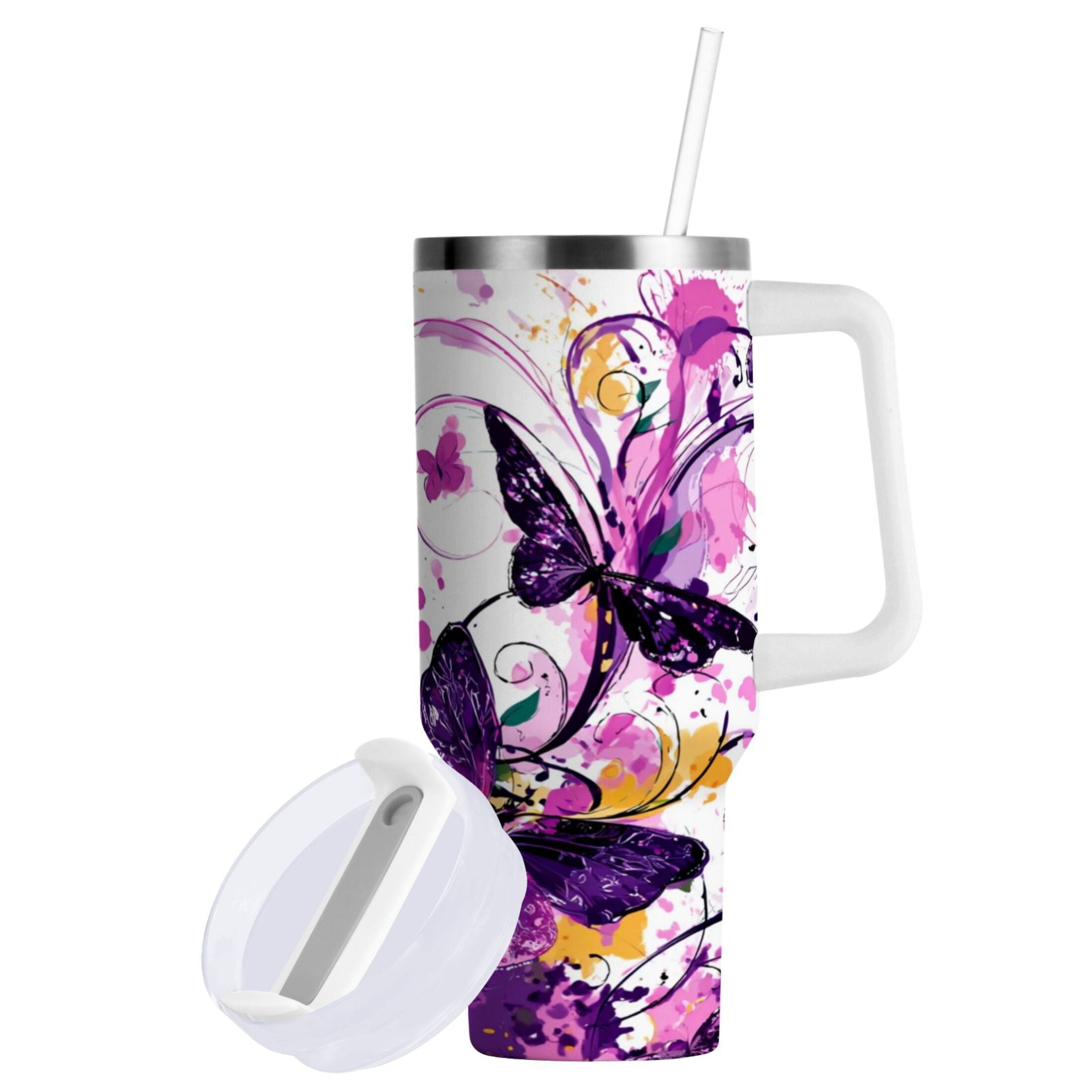 40 oz Insulated Stainless Steel Tumbler Double Wall Stainless Steel Tumbler with 2-Way Drinking Purple Butterfly - Pick 264