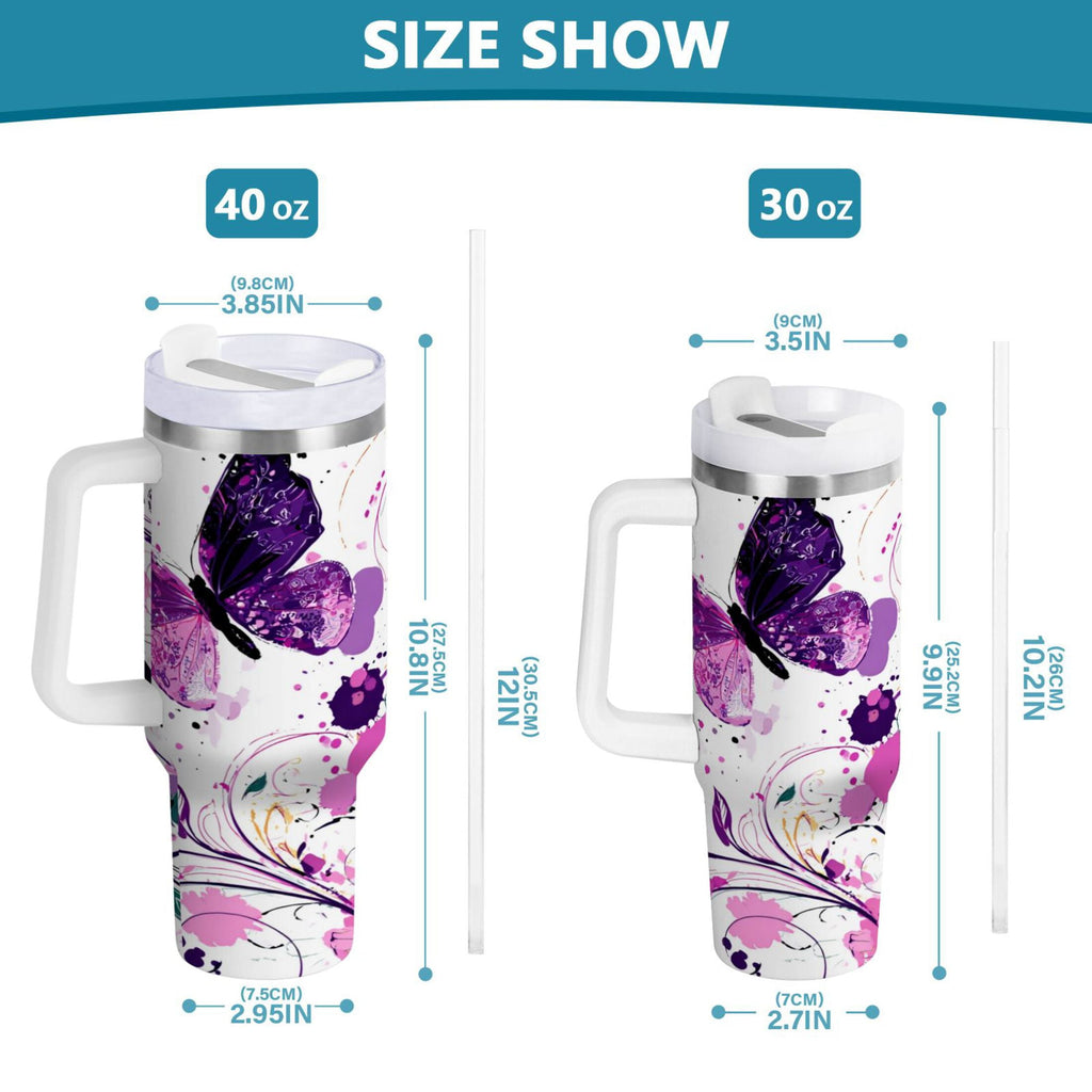 40 oz Insulated Stainless Steel Tumbler Double Wall Stainless Steel Tumbler with 2-Way Drinking Purple Butterfly - Pick 264
