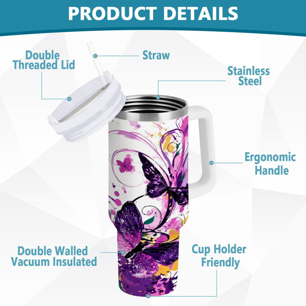40 oz Insulated Stainless Steel Tumbler Double Wall Stainless Steel Tumbler with 2-Way Drinking Purple Butterfly - Pick 264