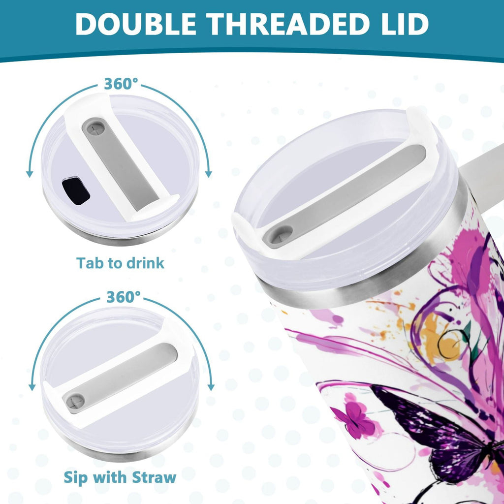 40 oz Insulated Stainless Steel Tumbler Double Wall Stainless Steel Tumbler with 2-Way Drinking Purple Butterfly - Pick 264