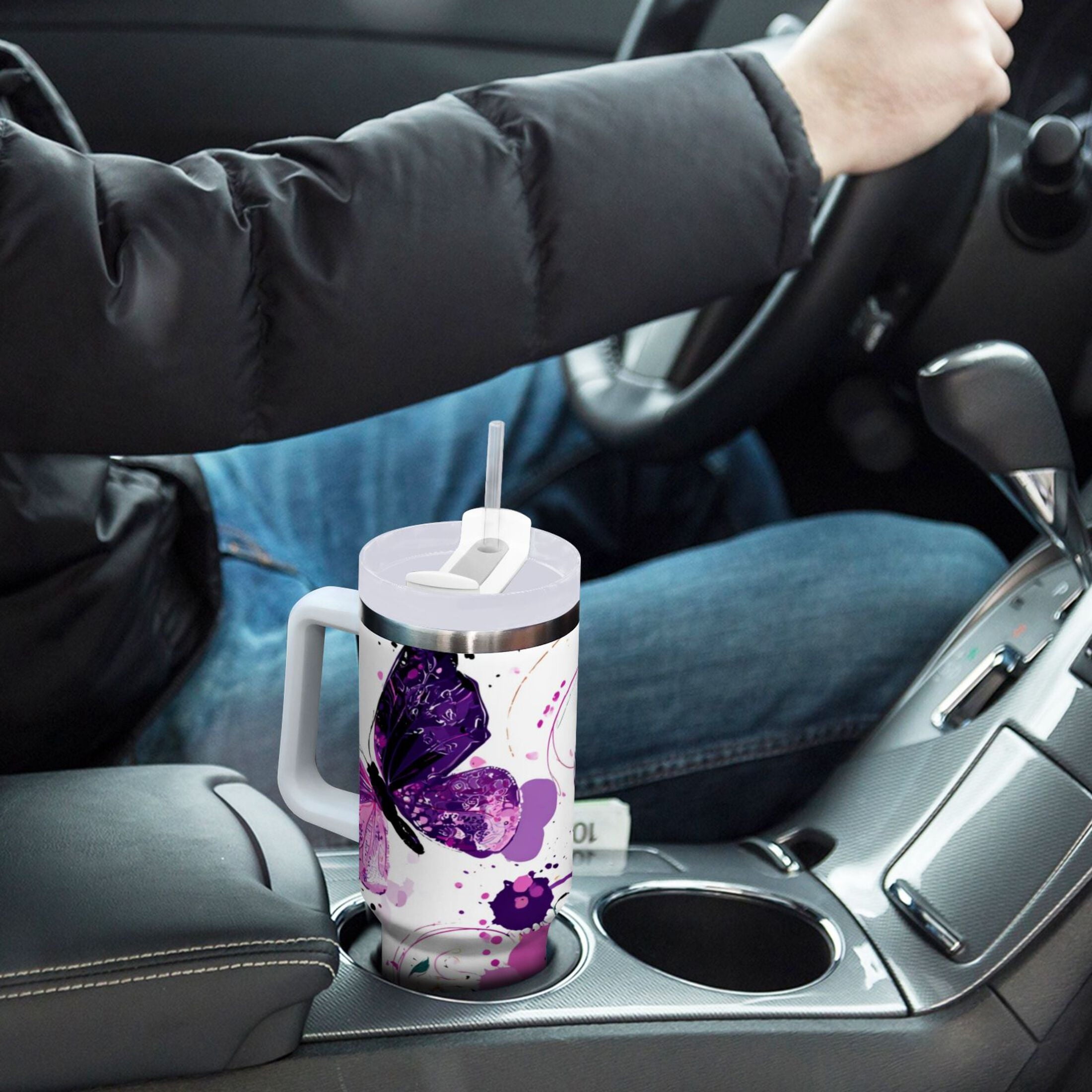 40 oz Insulated Stainless Steel Tumbler Double Wall Stainless Steel Tumbler with 2-Way Drinking Purple Butterfly - Pick 264