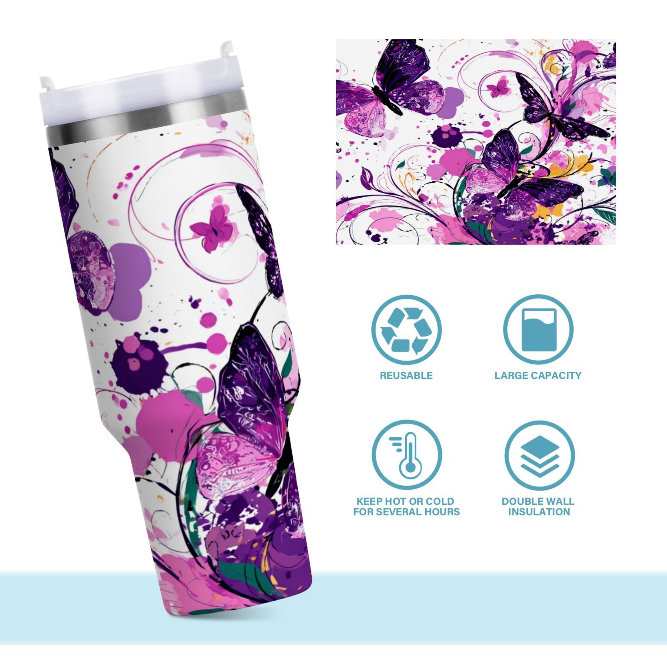 40 oz Insulated Stainless Steel Tumbler Double Wall Stainless Steel Tumbler with 2-Way Drinking Purple Butterfly - Pick 264